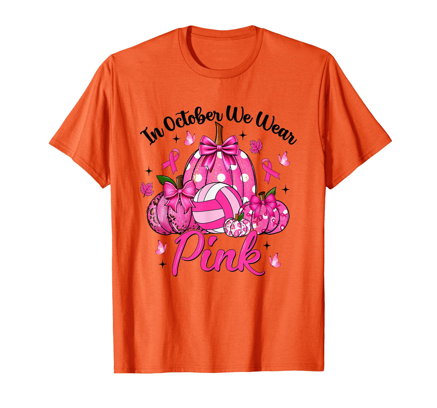 in October We Wear Pink Volleyball Pumpkin Breast Cancer T-Shirt