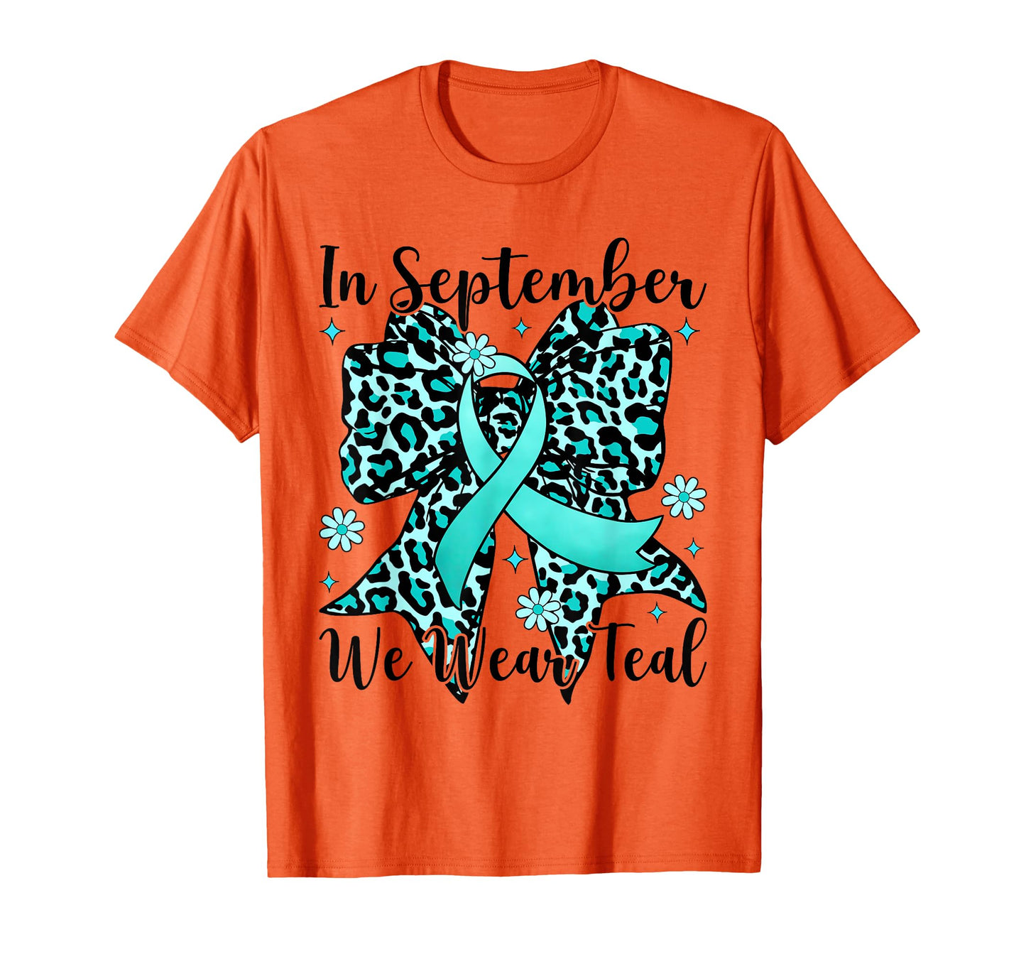 Leopard Bow Ovarian Cancer in September We Wear Teal T-Shirt