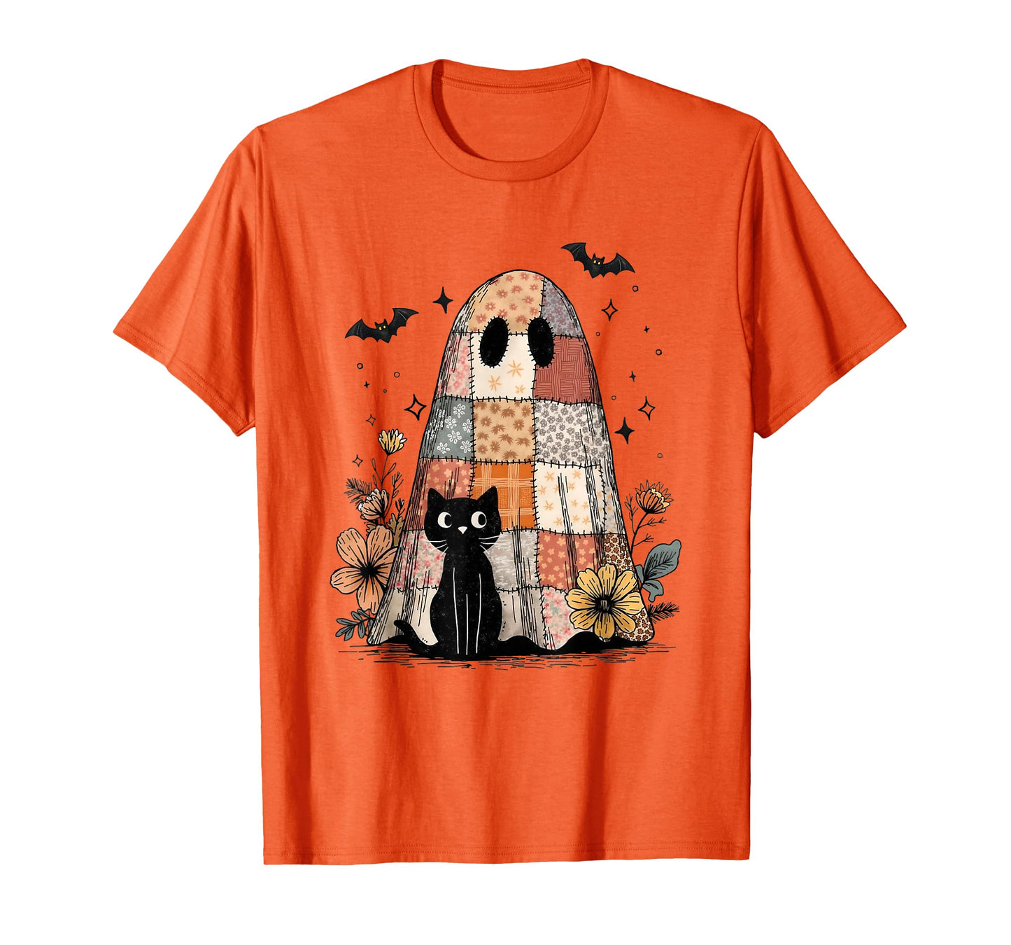 Preppy Retro Floral Patchwork Ghost and Black Cat Halloween T-Shirt