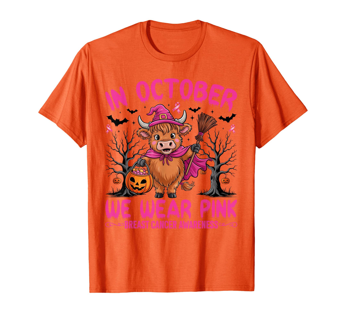 Highland Cow In October We Wear Pink Breast Cancer Halloween T-Shirt