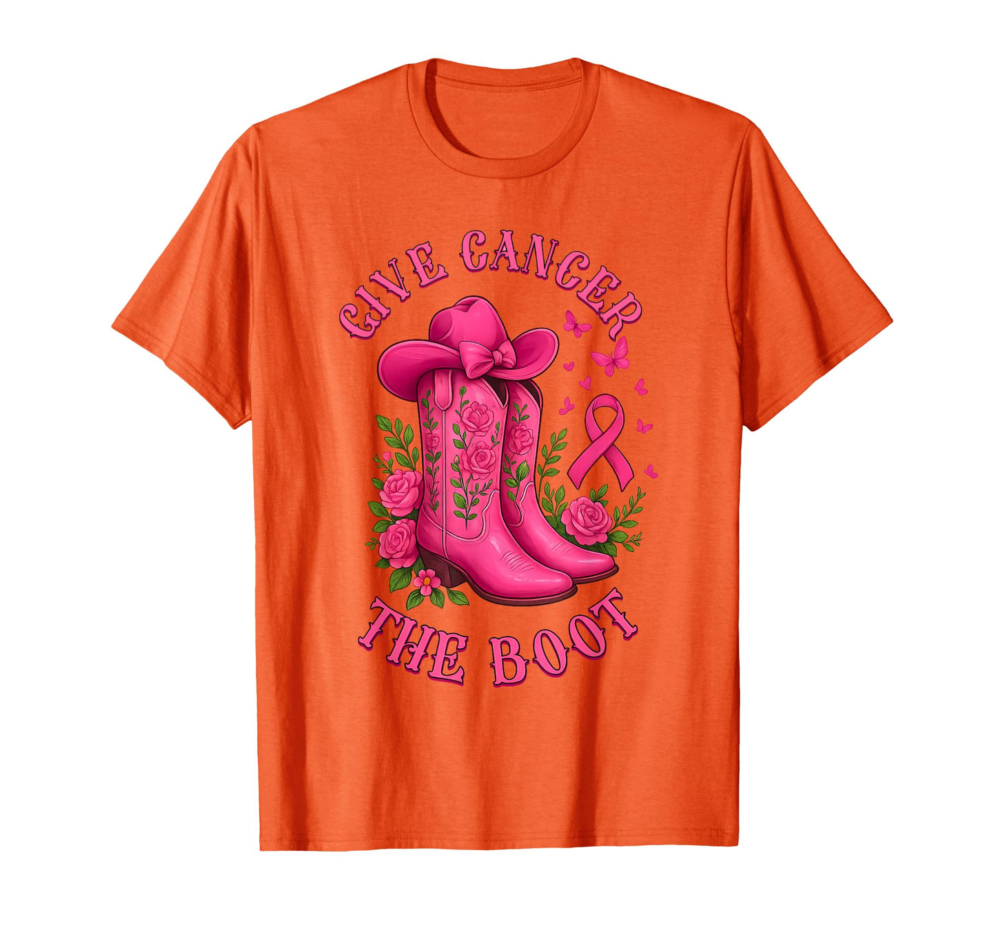 Give Cancer The Boot Cowgirl Cancer Awareness Pink Ribbon T-Shirt