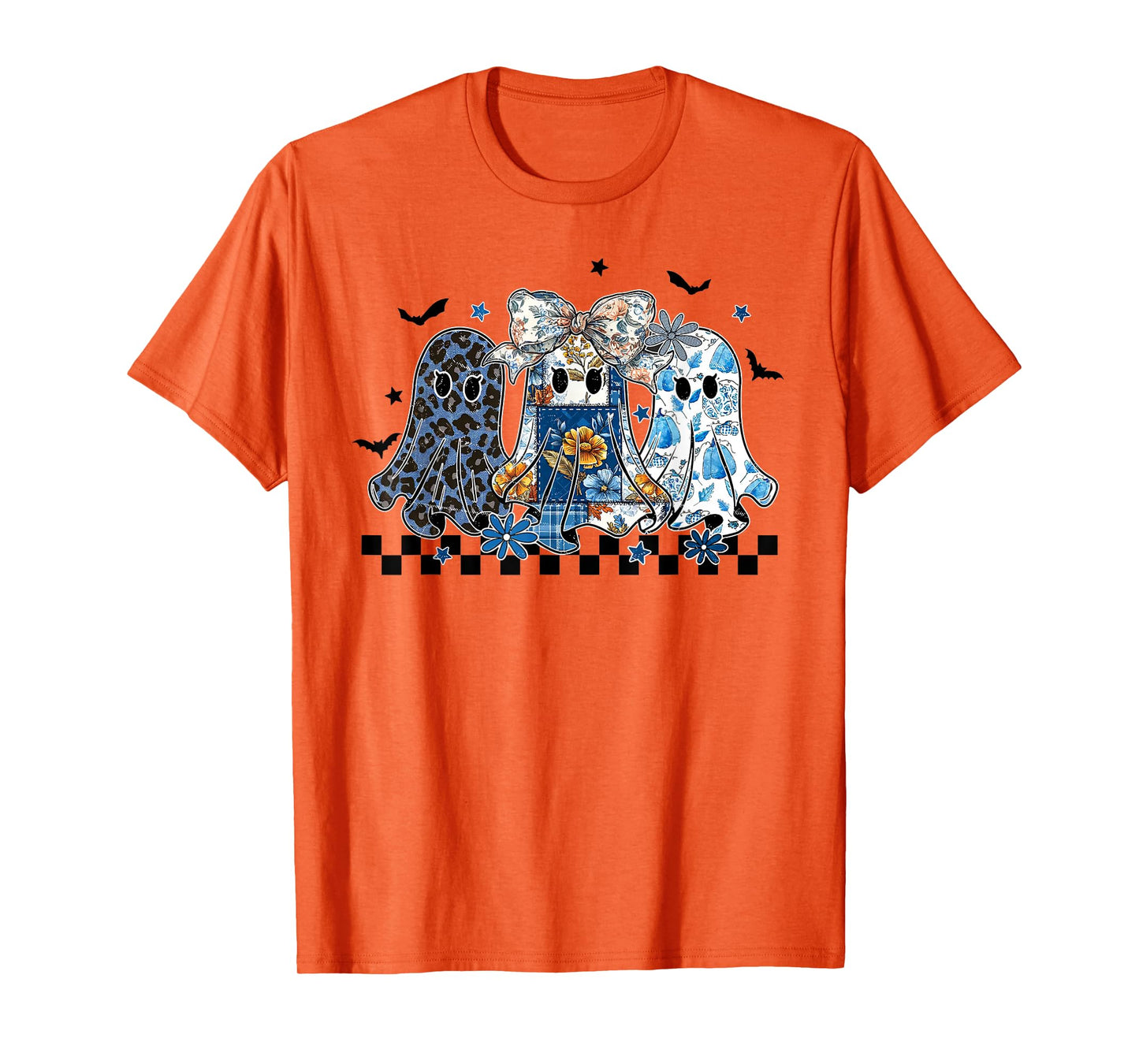 Preppy Girly Coquette Bow Patchwork Ghost Fall Halloween T-Shirt