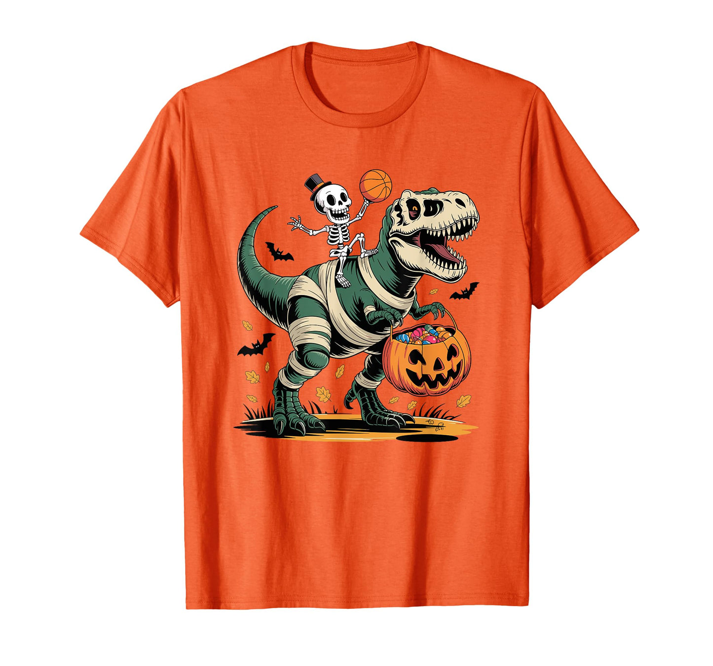 Basketball Skeleton Riding Mummy Dinosaur T-Rex Halloween T-Shirt