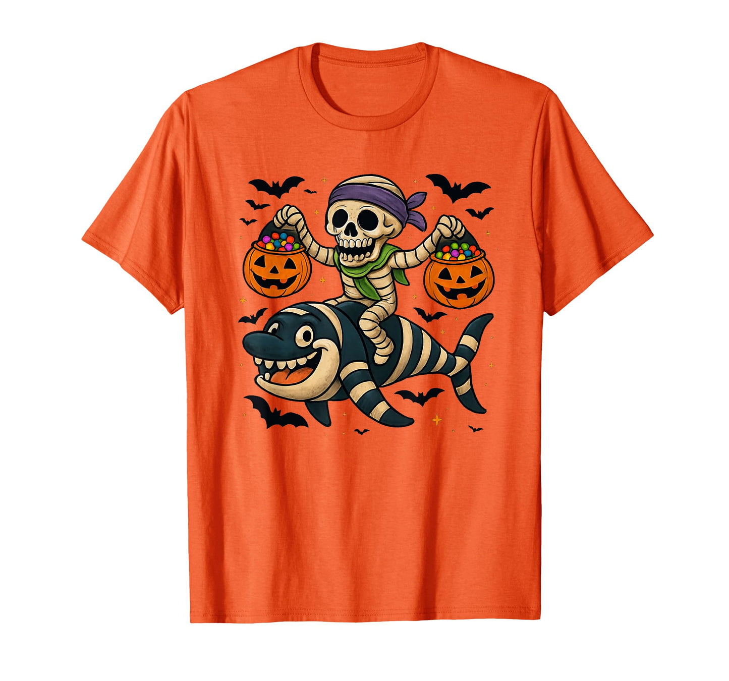 Skeleton Riding Mummy Orca Halloween Candy Whale T-Shirt