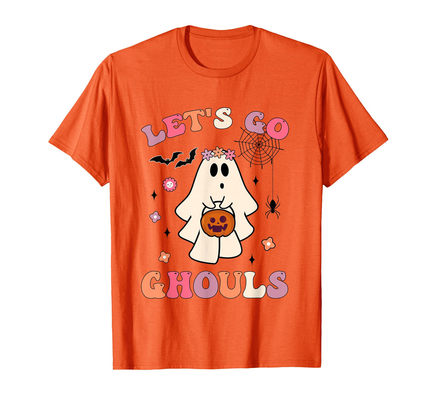 Halloween Ghost Holding Pumpkin Retro Groovy Let's Go Ghouls T-Shirt