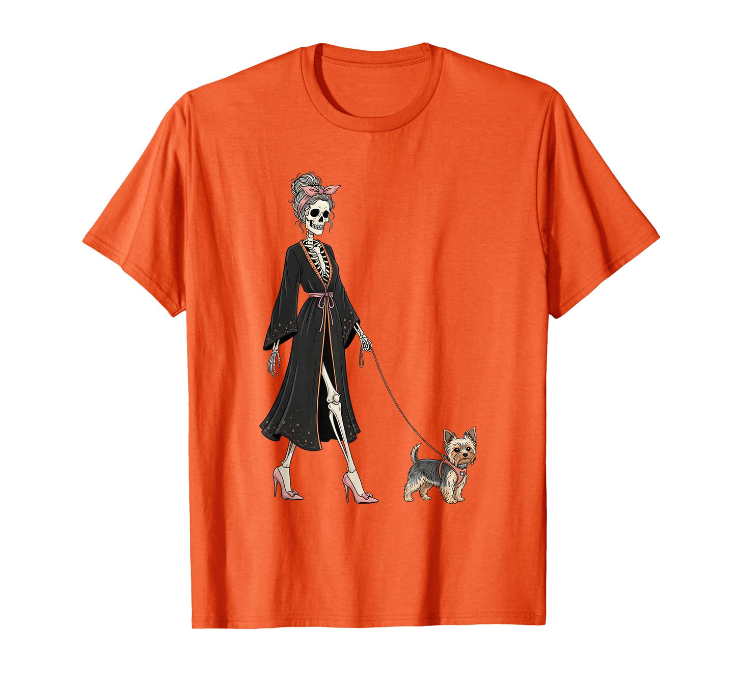 Skeleton Yorkshire Terrier Dog Walking Halloween Women T-Shirt