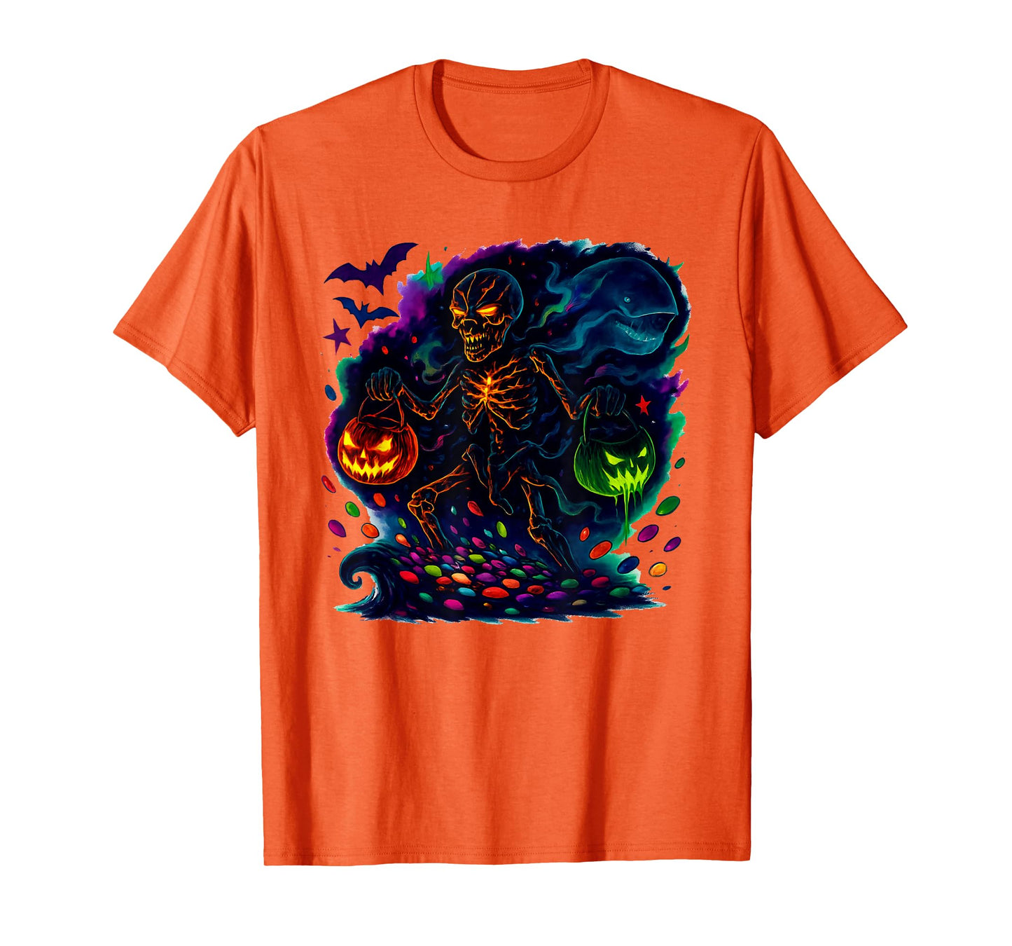 Skeleton Riding Mummy Orca Halloween Candy Whale T-Shirt
