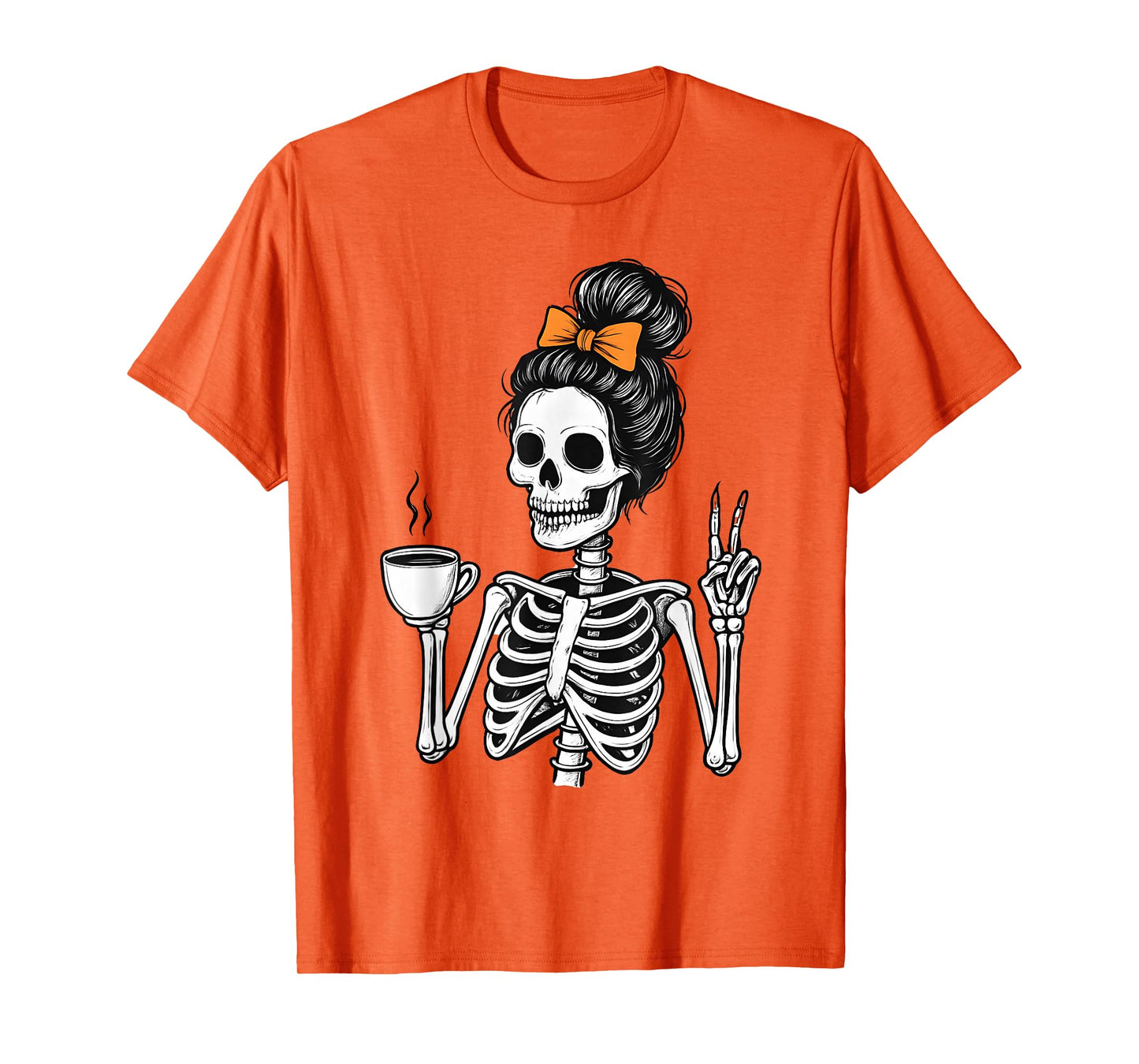 Halloween Skeleton Messy Bun Coffee Funny Spooky Costume T-Shirt