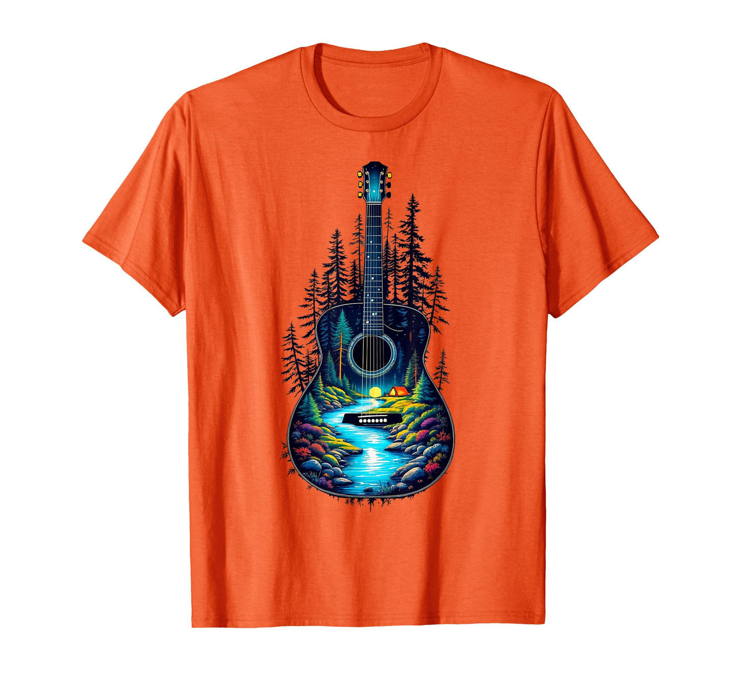 Guitar Lake Reflections Forest Pine Tree Moon Camp Guitarist T-Shirt