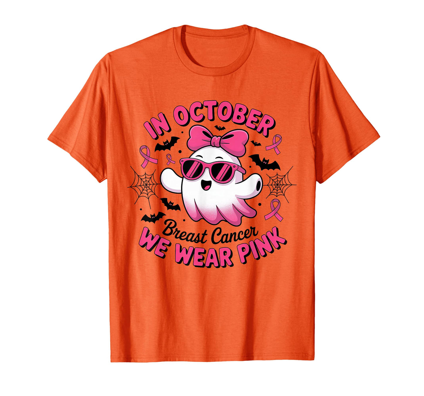 in October We Wear Pink Funny Halloween Ghost Breast Cancer T-Shirt