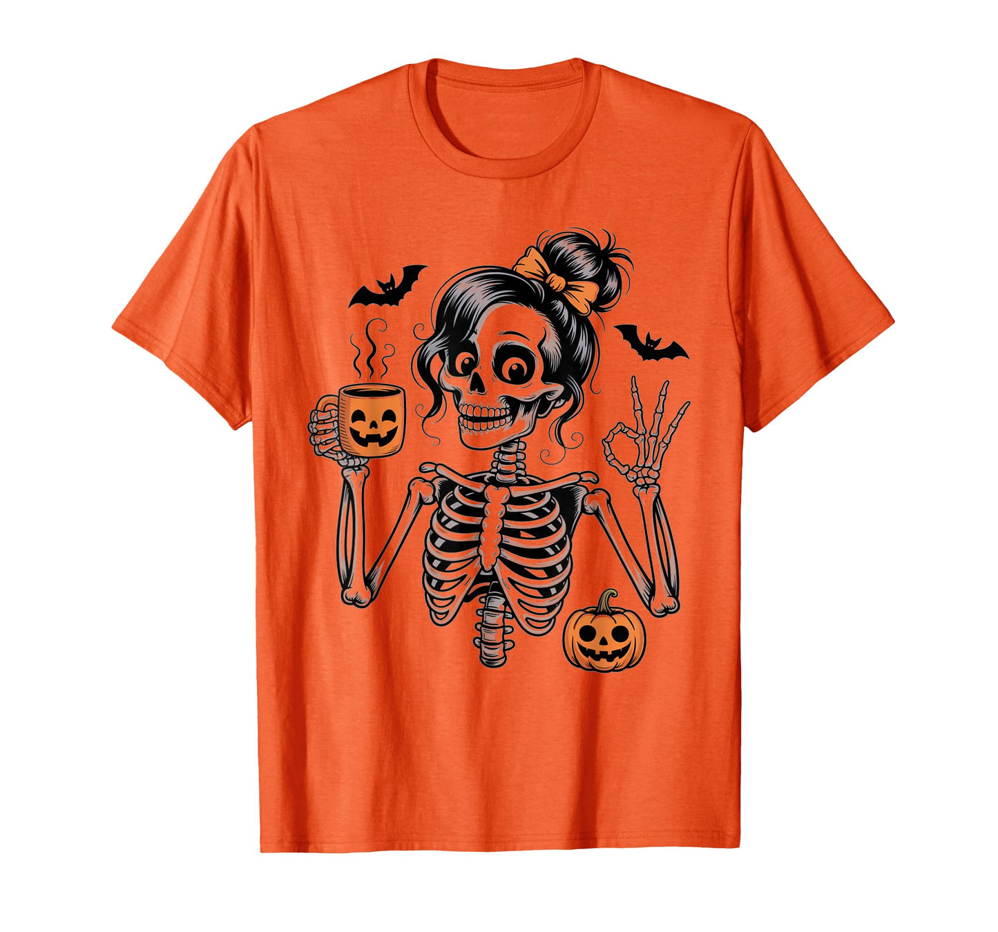 Halloween Skeleton Messy Bun Coffee Pumpkin Bat Costume Mom T-Shirt