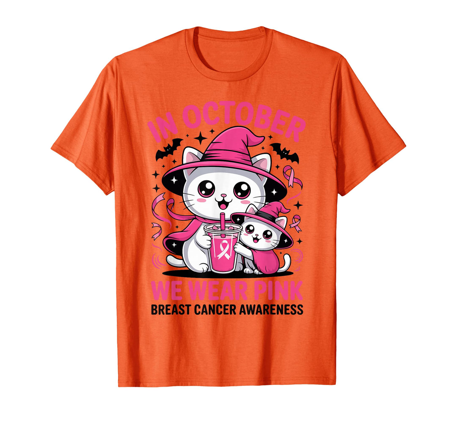 Breast Cancer Halloween Cat in October We Wear Pink T-Shirt