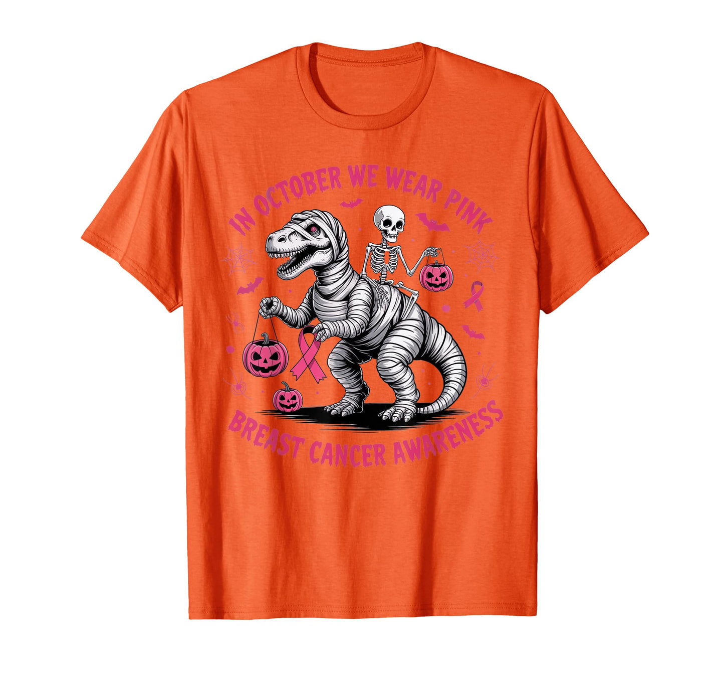 in October We Wear Pink Dinosaur Skeleton Breast Cancer T-Shirt