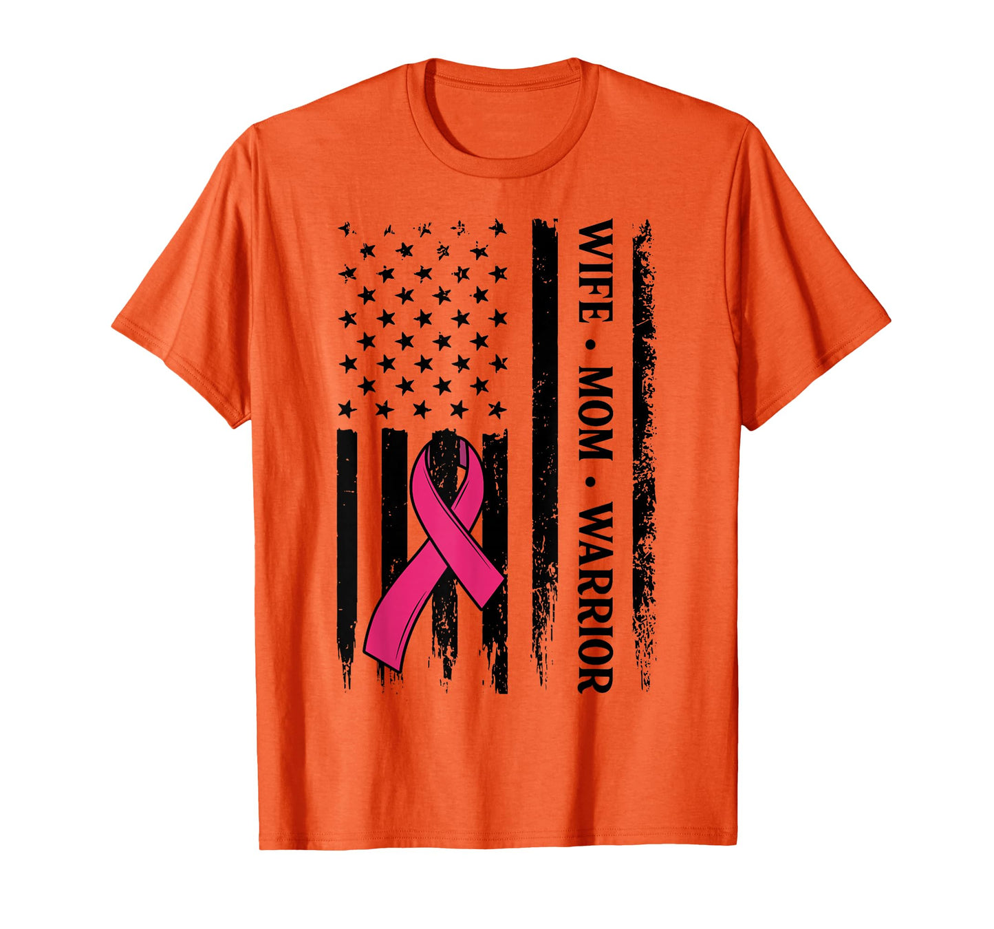 Breast Cancer Awareness Wife Mom Warrior US Flag Pink Ribbon T-Shirt