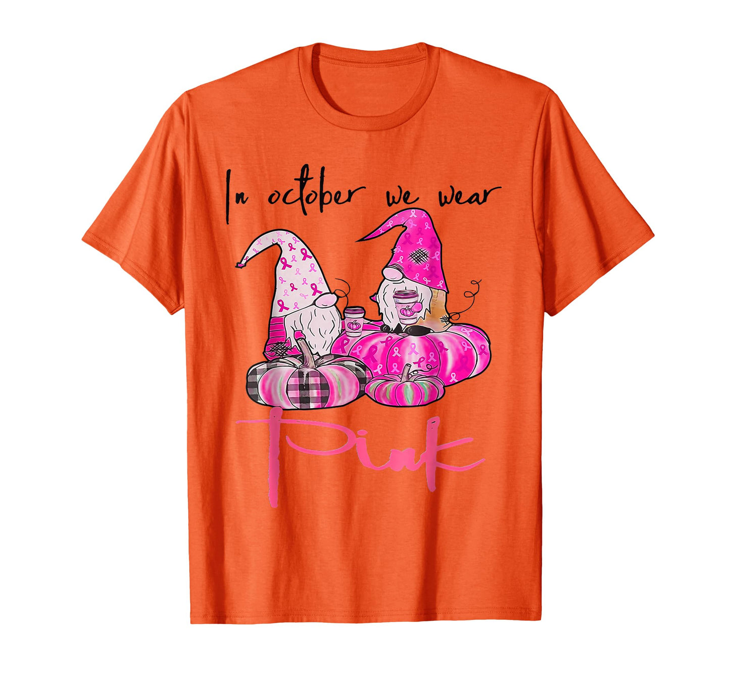 In October We Wear Pink Gnomes Pumpkin Breast Cancer T-Shirt