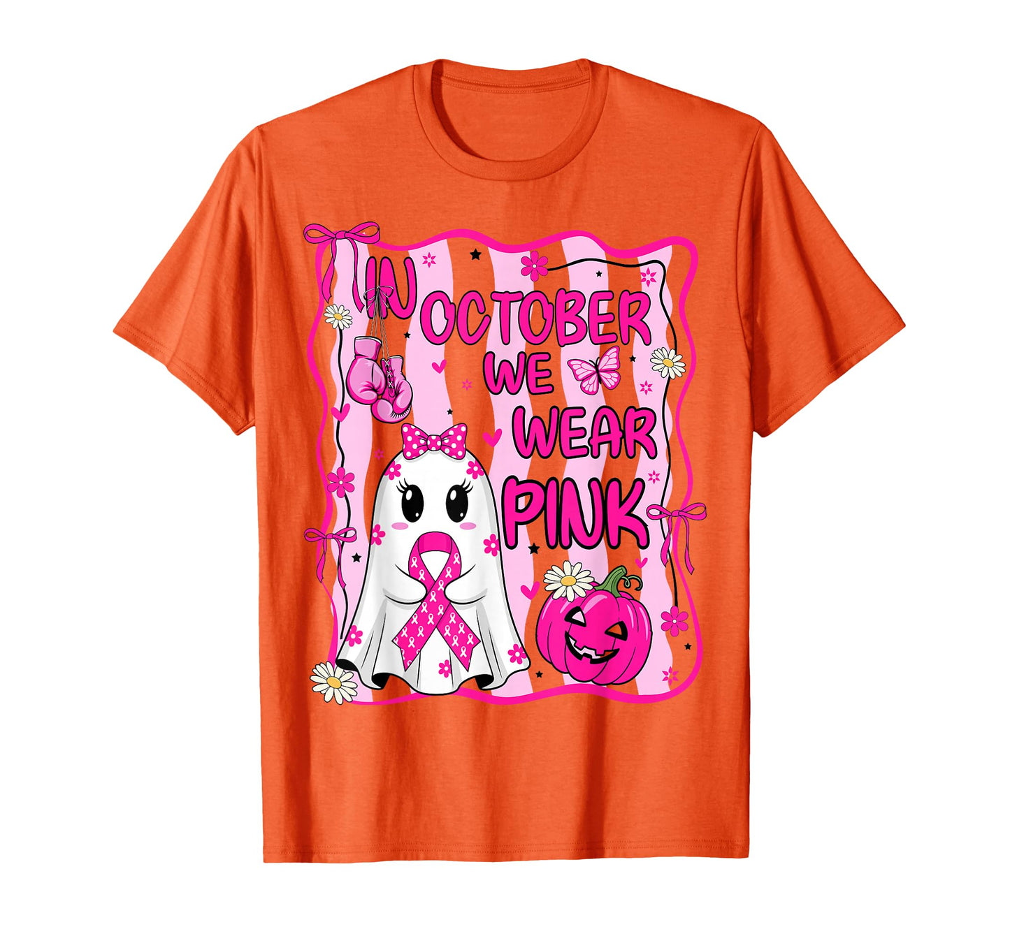 October We Wear Pink Breast Cancer Ghost Halloween Pumpkin T-Shirt