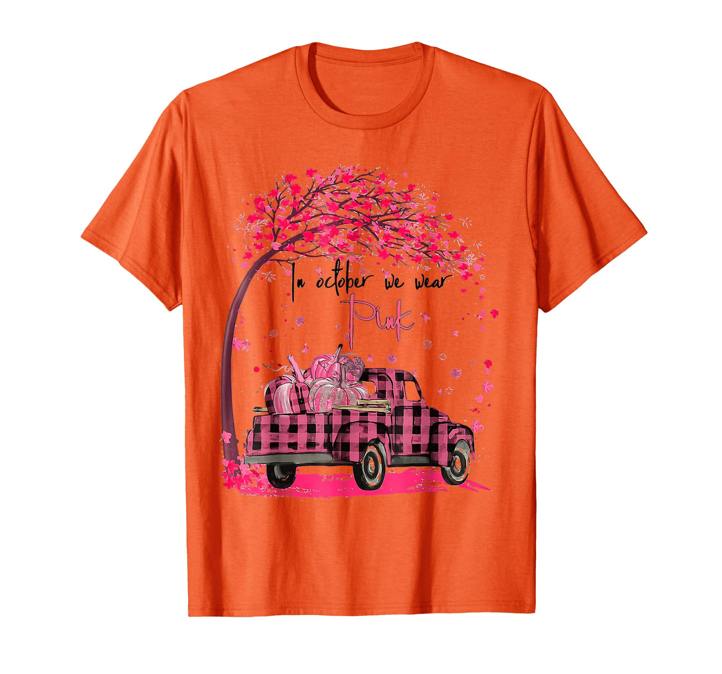 In October We Wear Pink Truck Pumpkin Breast Cancer Hallween T-Shirt