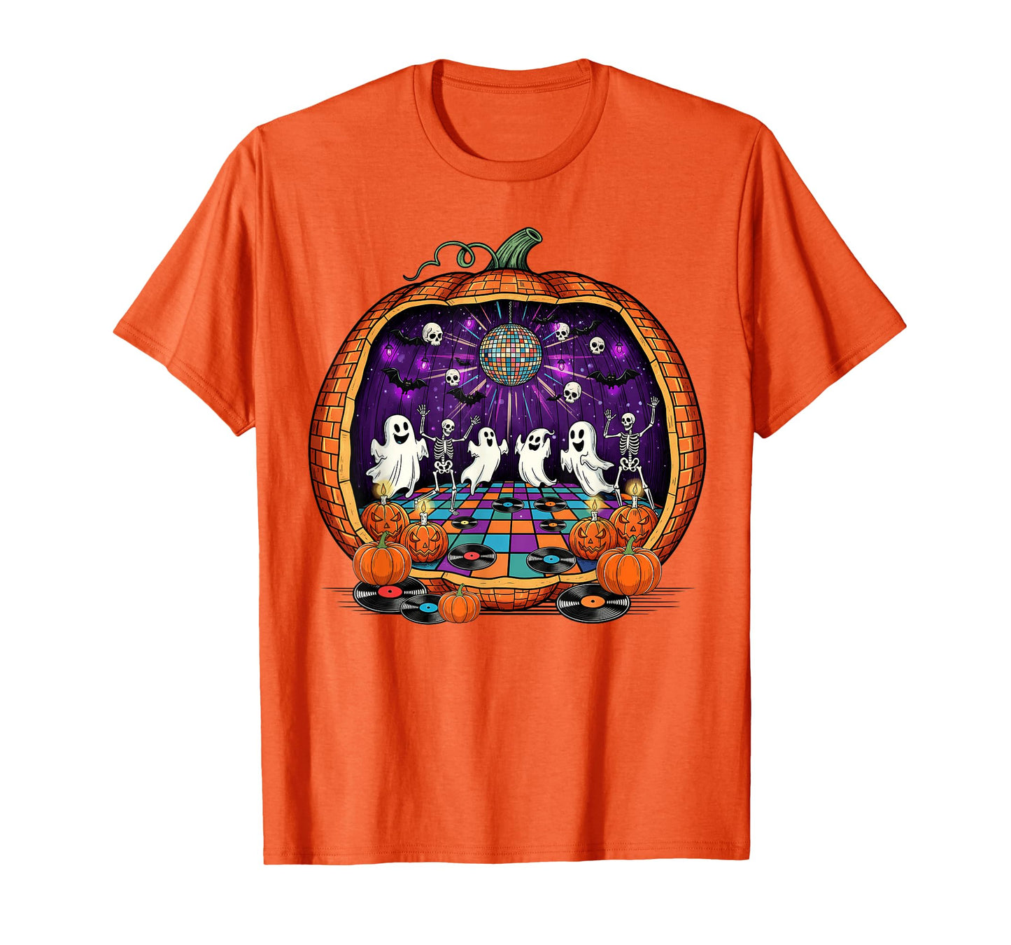 Retro Halloween Disco Pumpkin Ghost Skeleton Dance Party T-Shirt