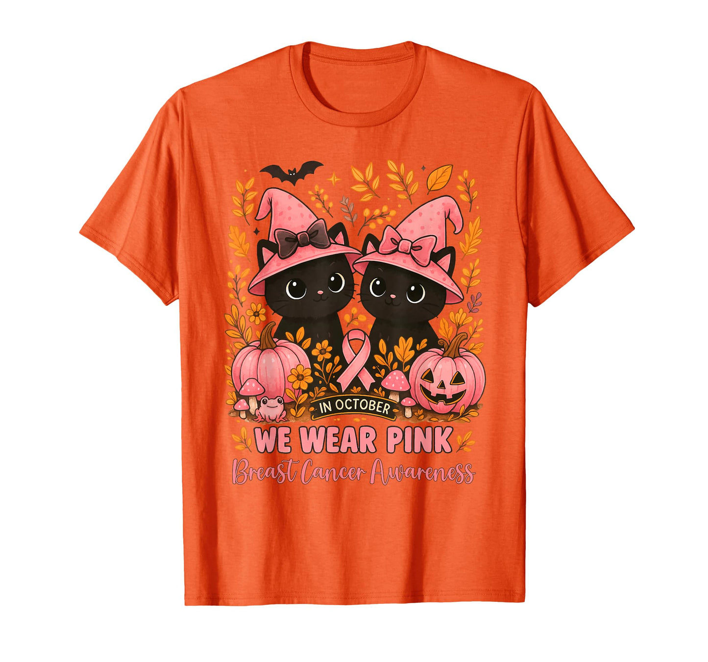 in October We Wear Pink Cats Witches Breast Cancer Awareness T-Shirt