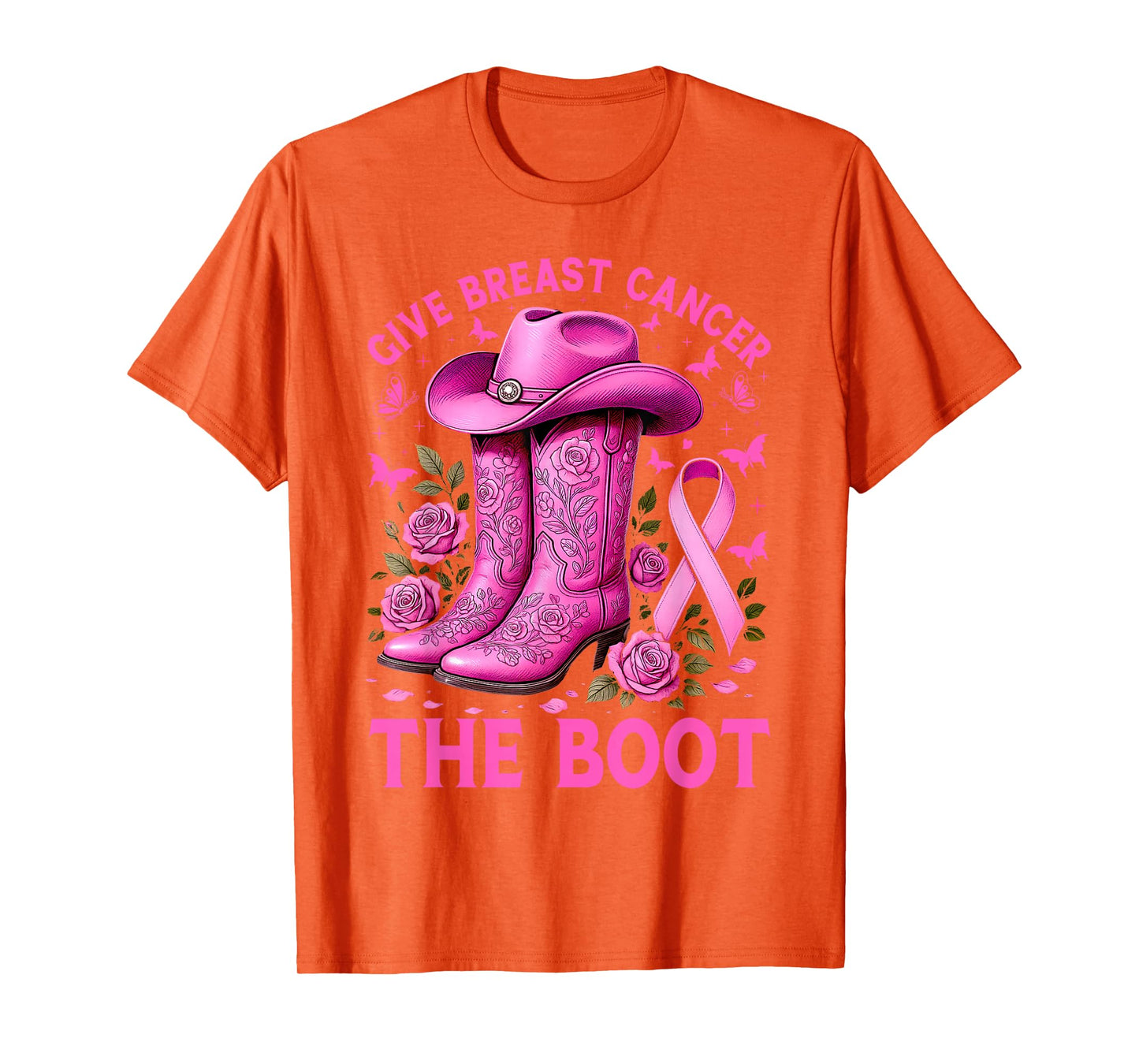 Give Breast Cancer The Boot Cowgirl Cancer Awareness Ribbon T-Shirt