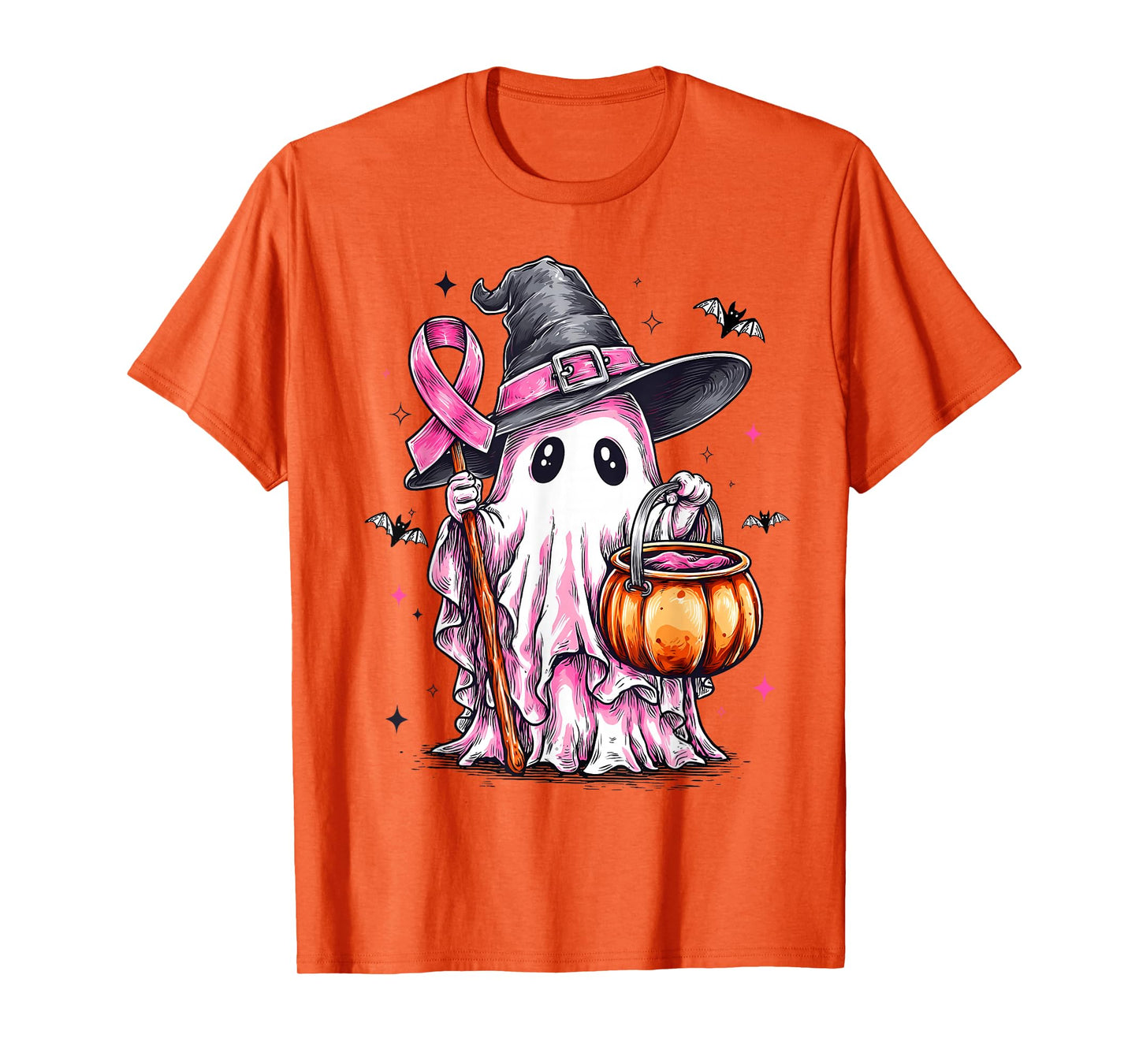 in October We Wear Pink Ghost Witch Breast Cancer Awareness T-Shirt