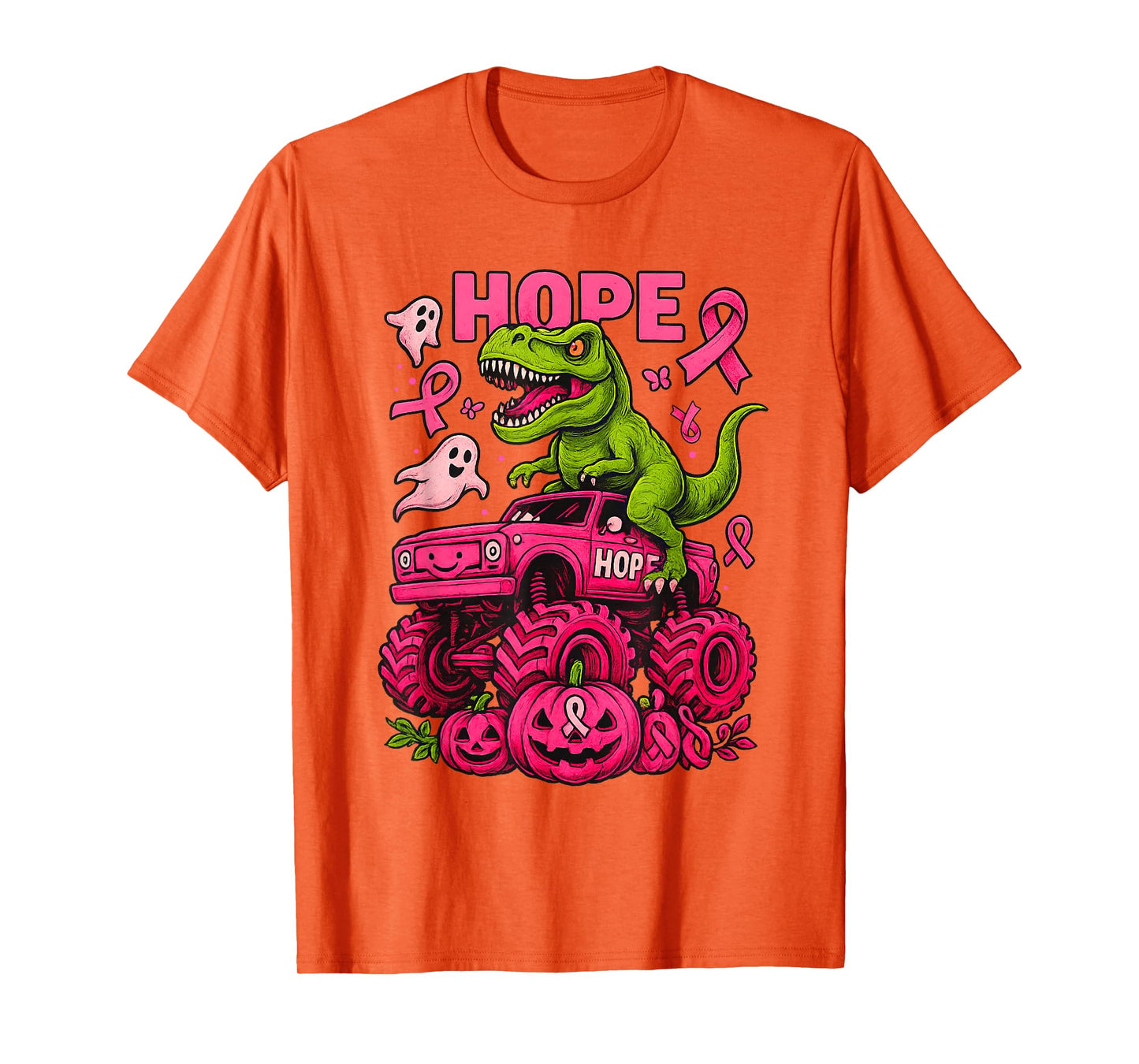T Rex Dinosaur and Monster Truck Breast Cancer Boo Pumpkin T-Shirt