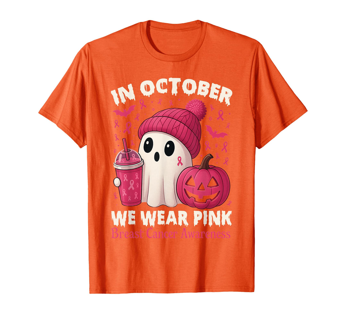 Breast Cancer Ghost Halloween Women in October We Wear Pink T-Shirt