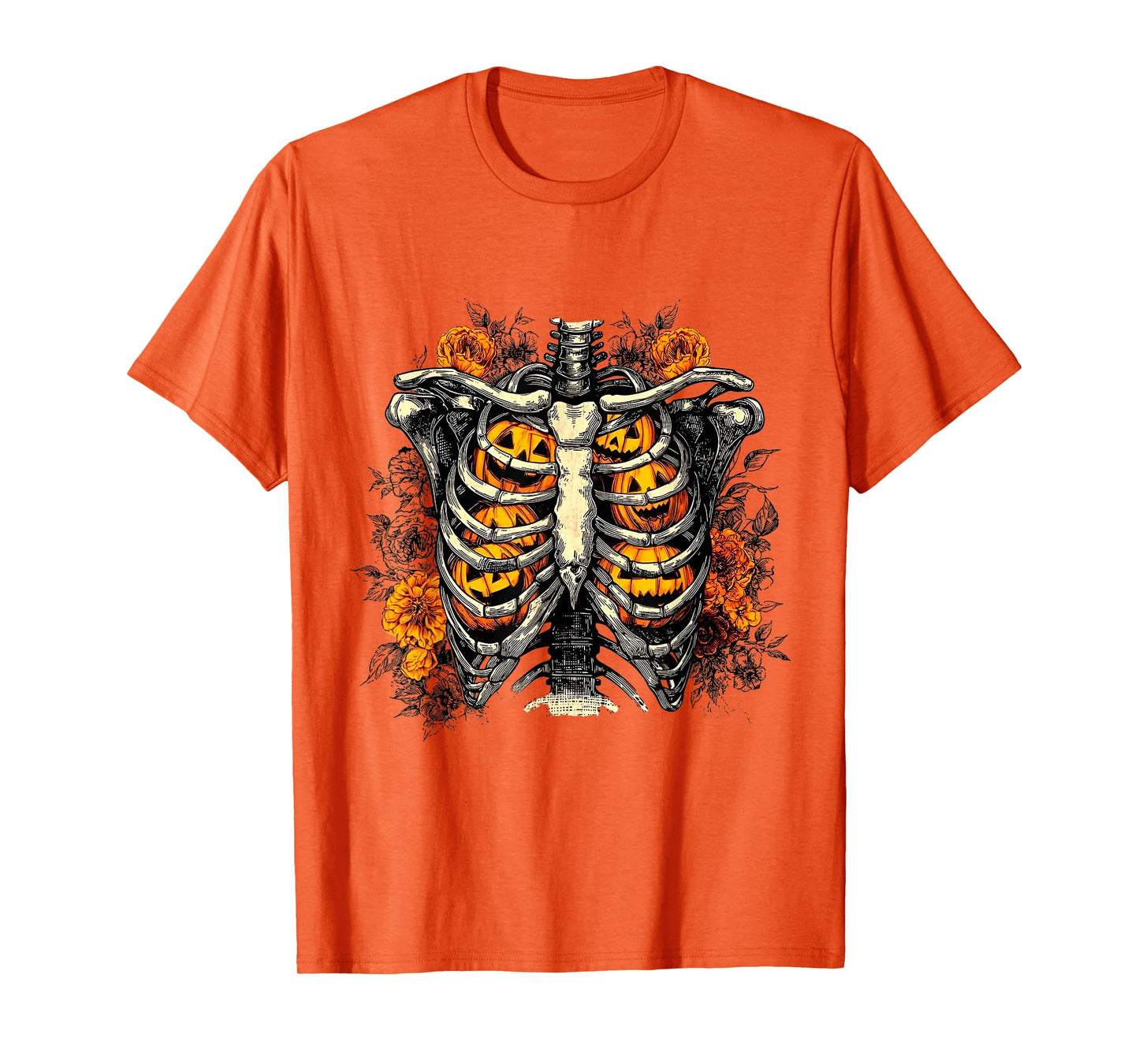 Floral Ribcage Pumpkins Skeleton Fall Halloween T-Shirt