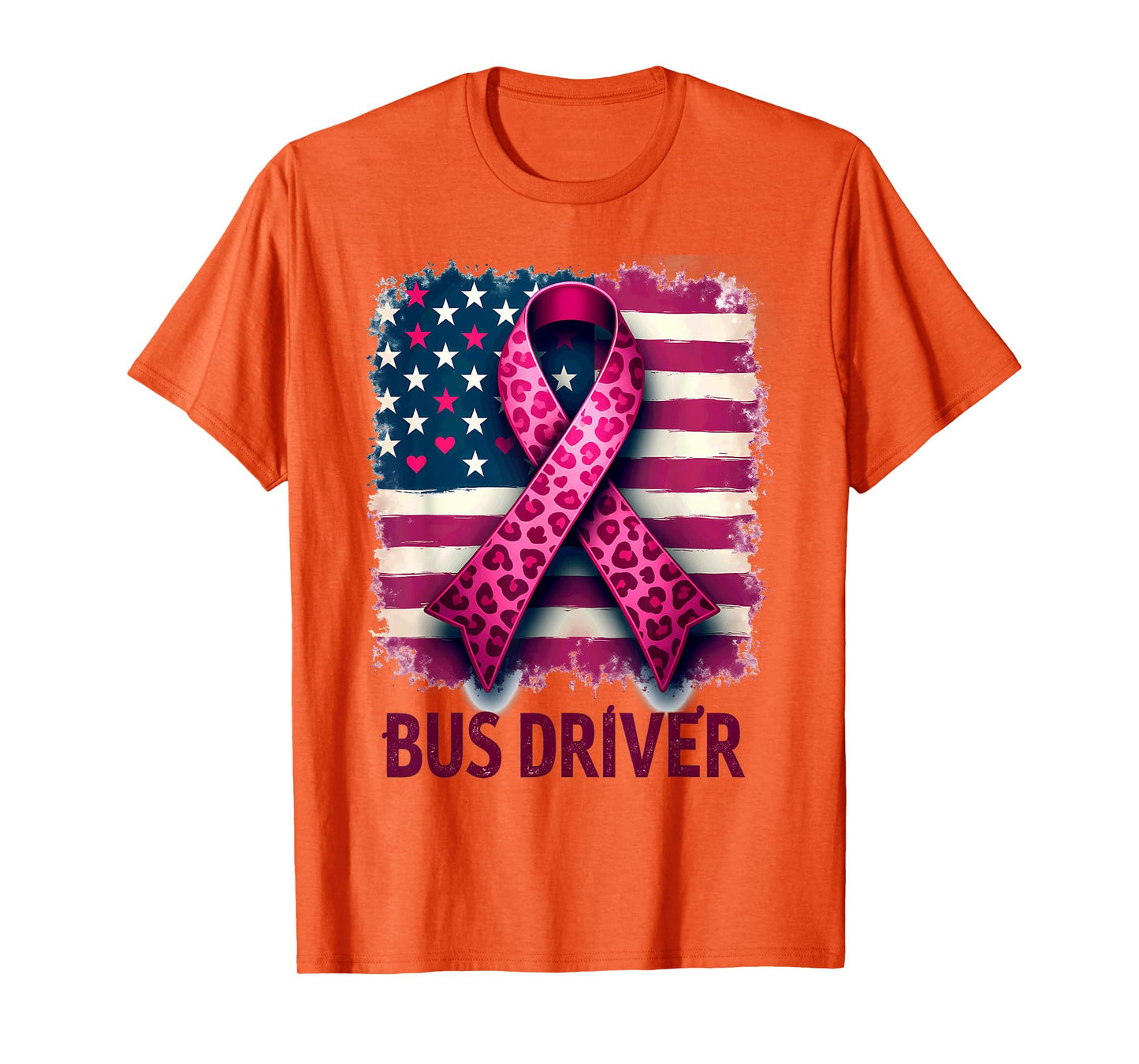 Bus Driver US Flag Pink Ribbon Breast Cancer Awareness T-Shirt
