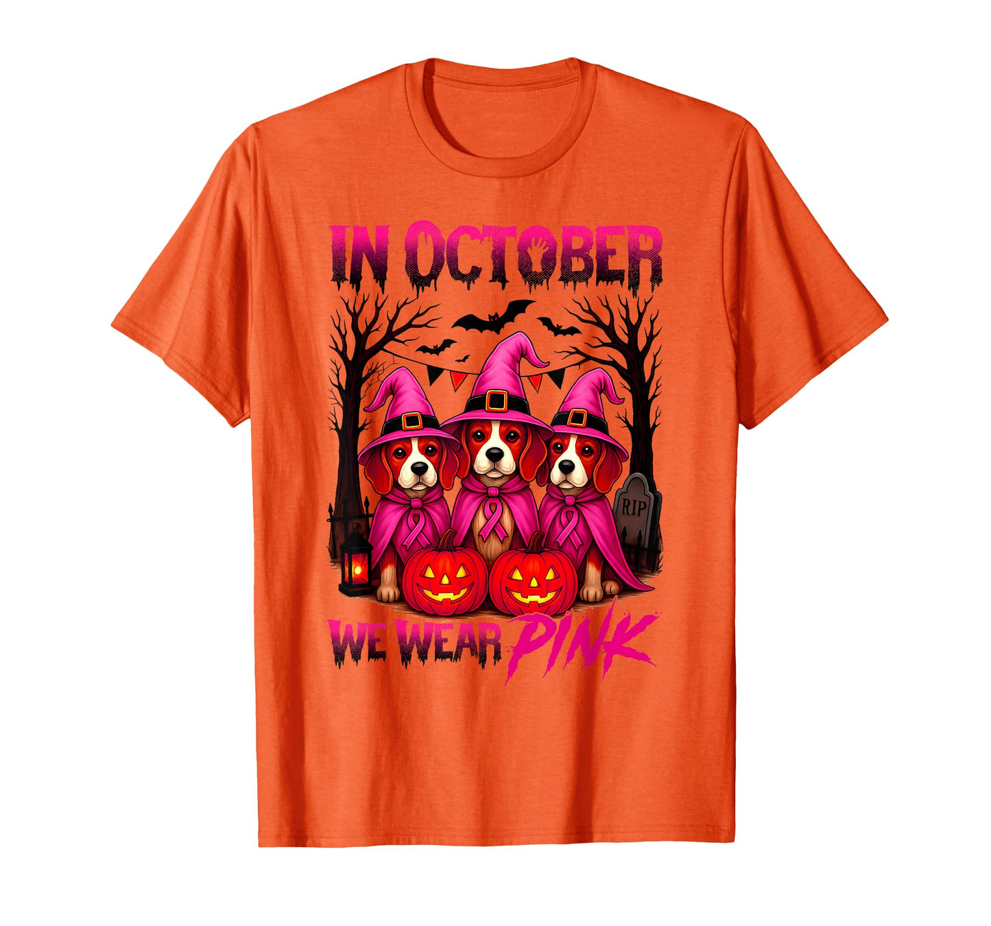 in October We Wear Pink Breast Cancer Halloween Beagle Dogs T-Shirt