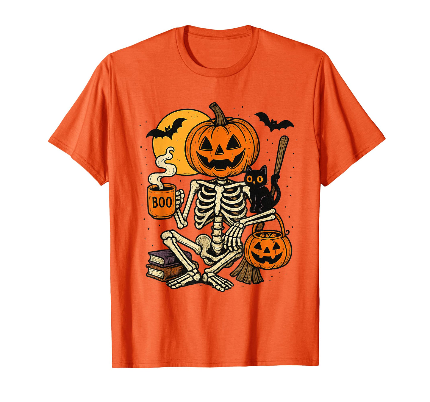 Spooky Cozy Pumpkin Skeleton Cat Coffee Trick or Treat T-Shirt