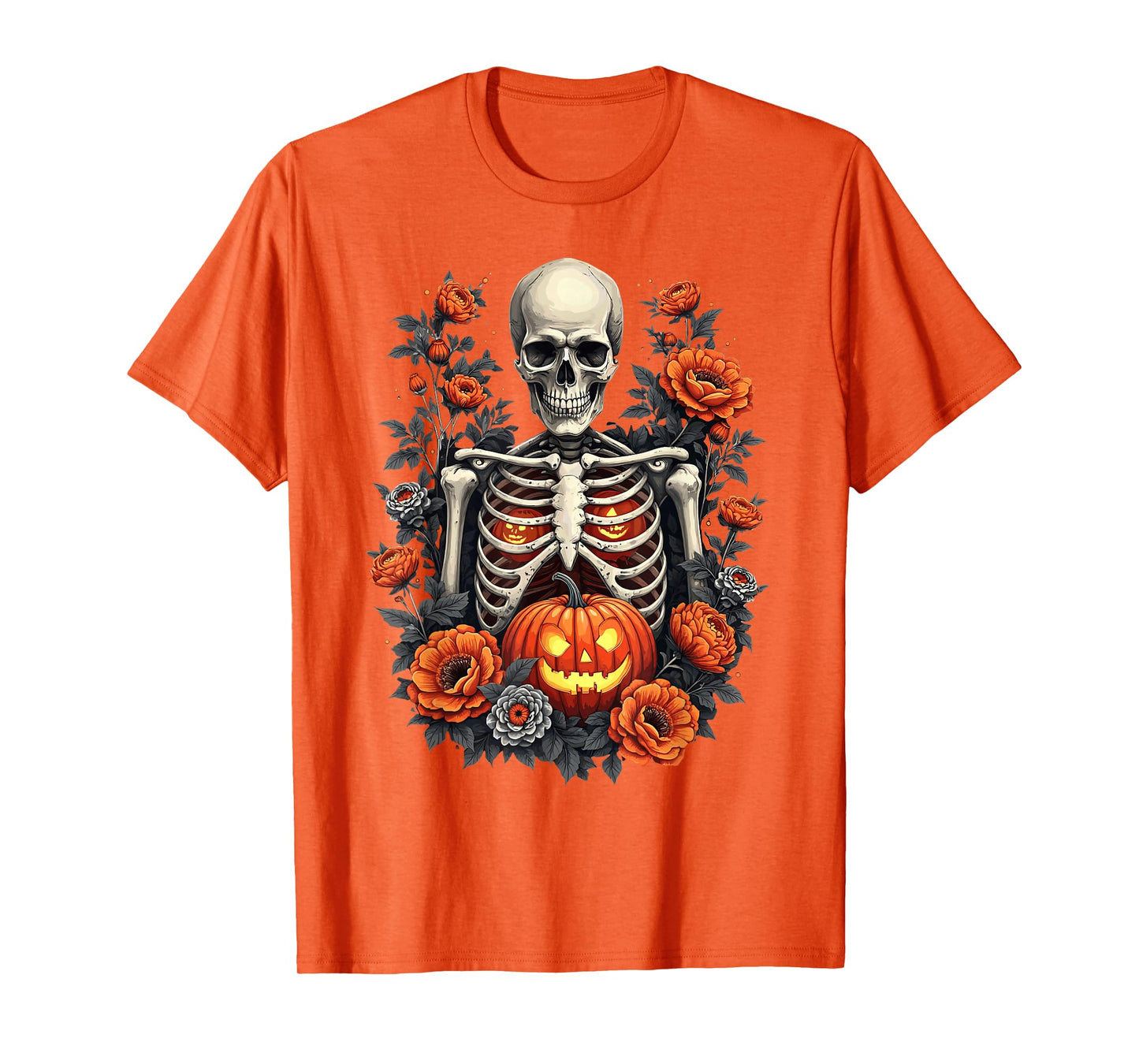 Retro Skeleton Floral Ribcage Pumpkin Fall Halloween Costume T-Shirt