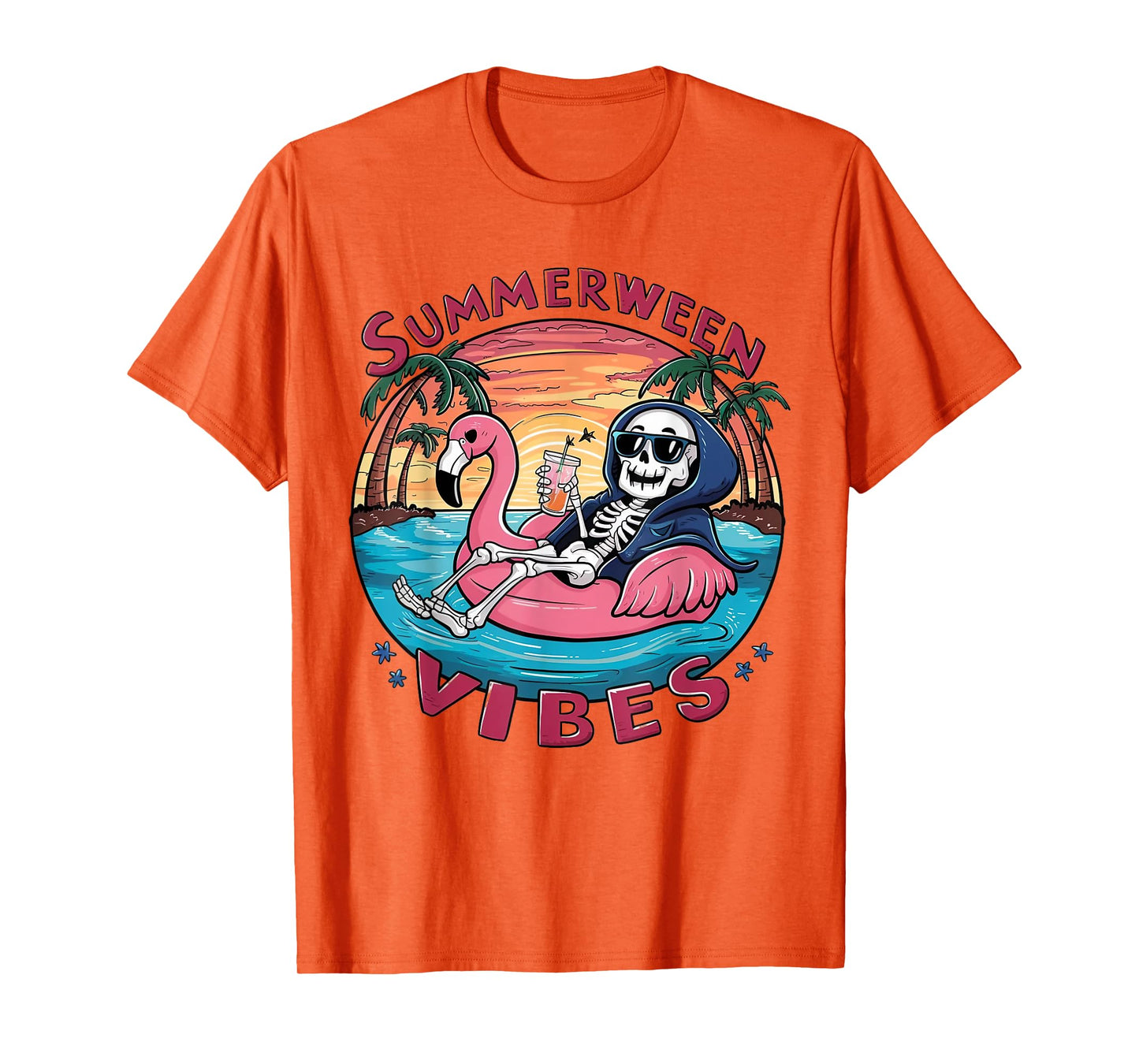 Summerween Vibes Halloween Summer Fun Flamingo Skeleton T-Shirt