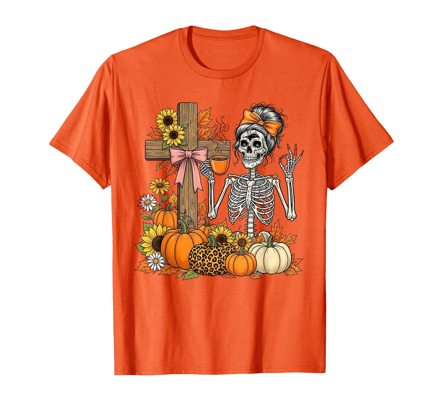 Halloween Skeleton Coffee Pumpkin Sunflower Fall Women T-Shirt