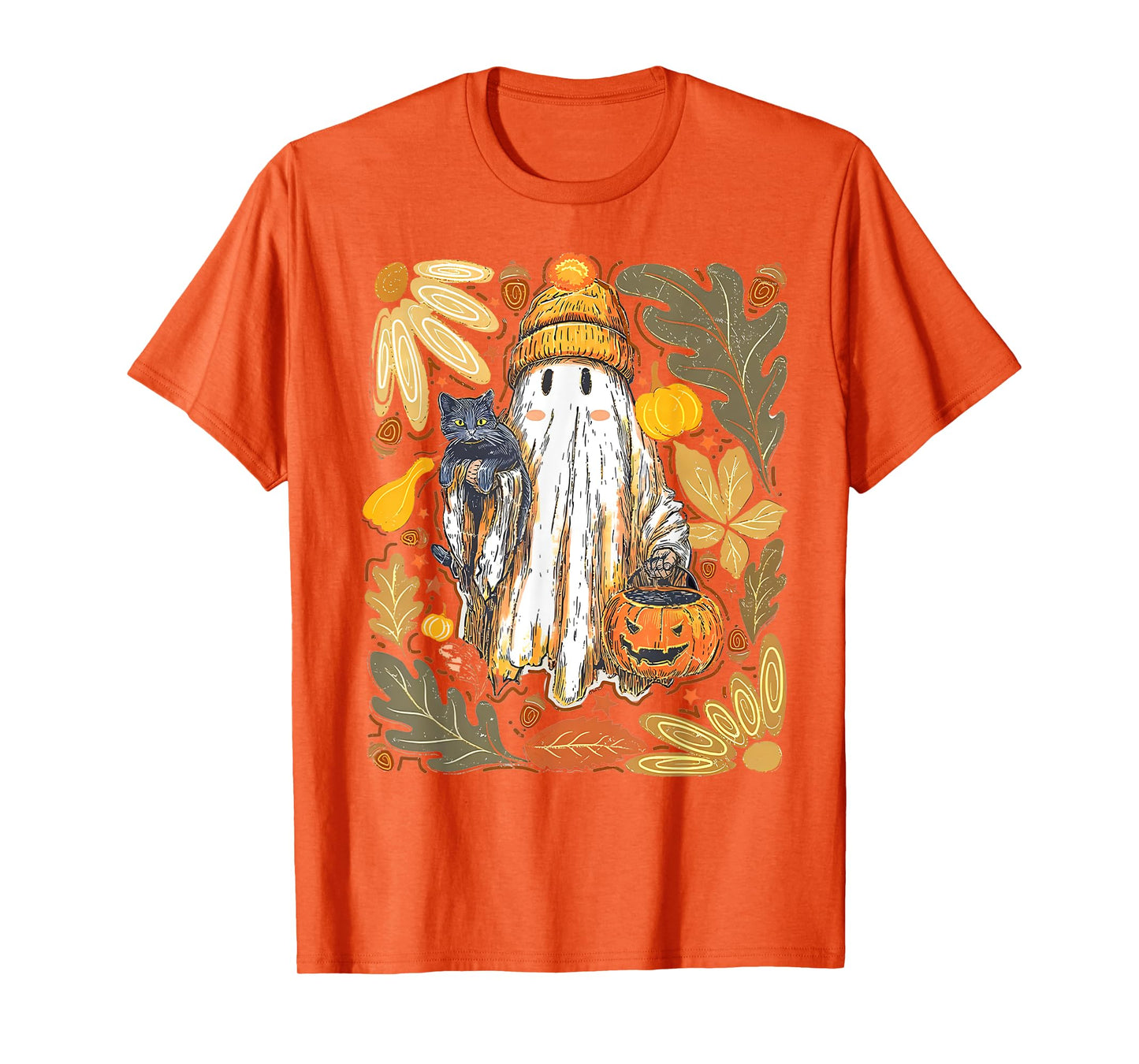 Cute Ghost Black Cat Halloween Witch Pumpkin Dark Forest T-Shirt