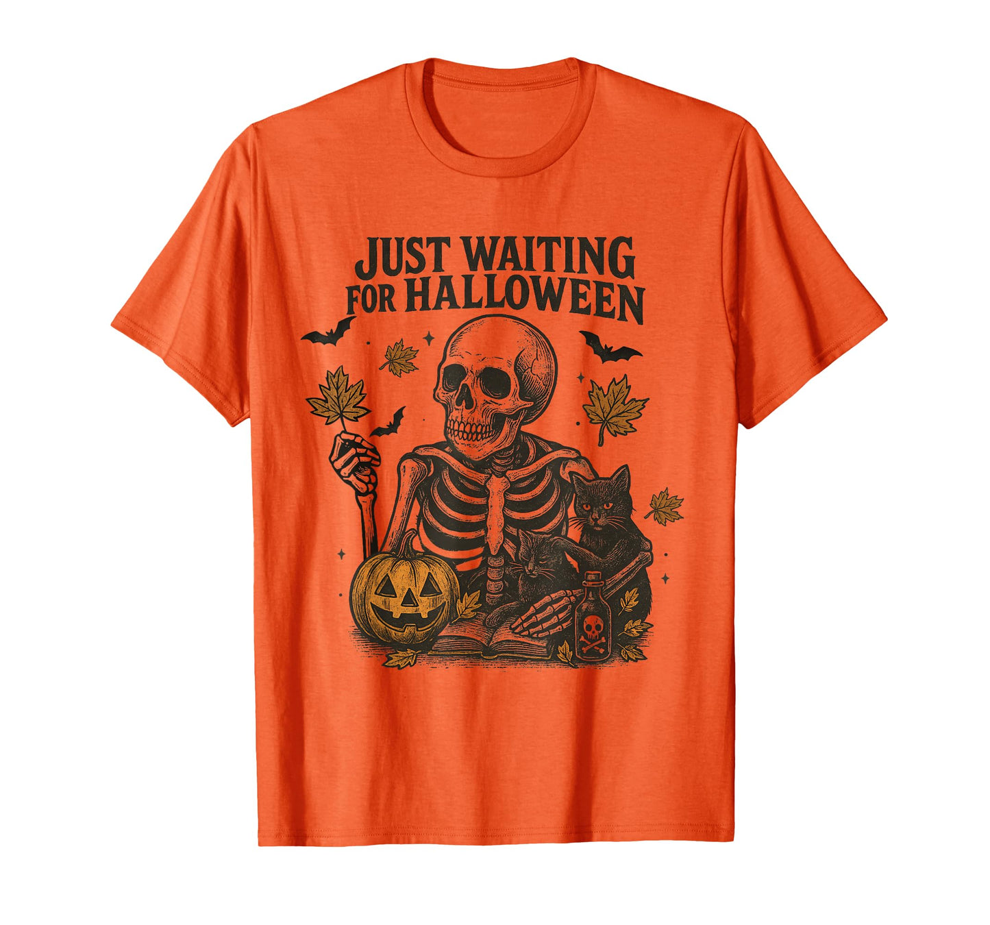 Just Waiting for Halloween Skeleton Cat Pumpkin Autumn Retro T-Shirt