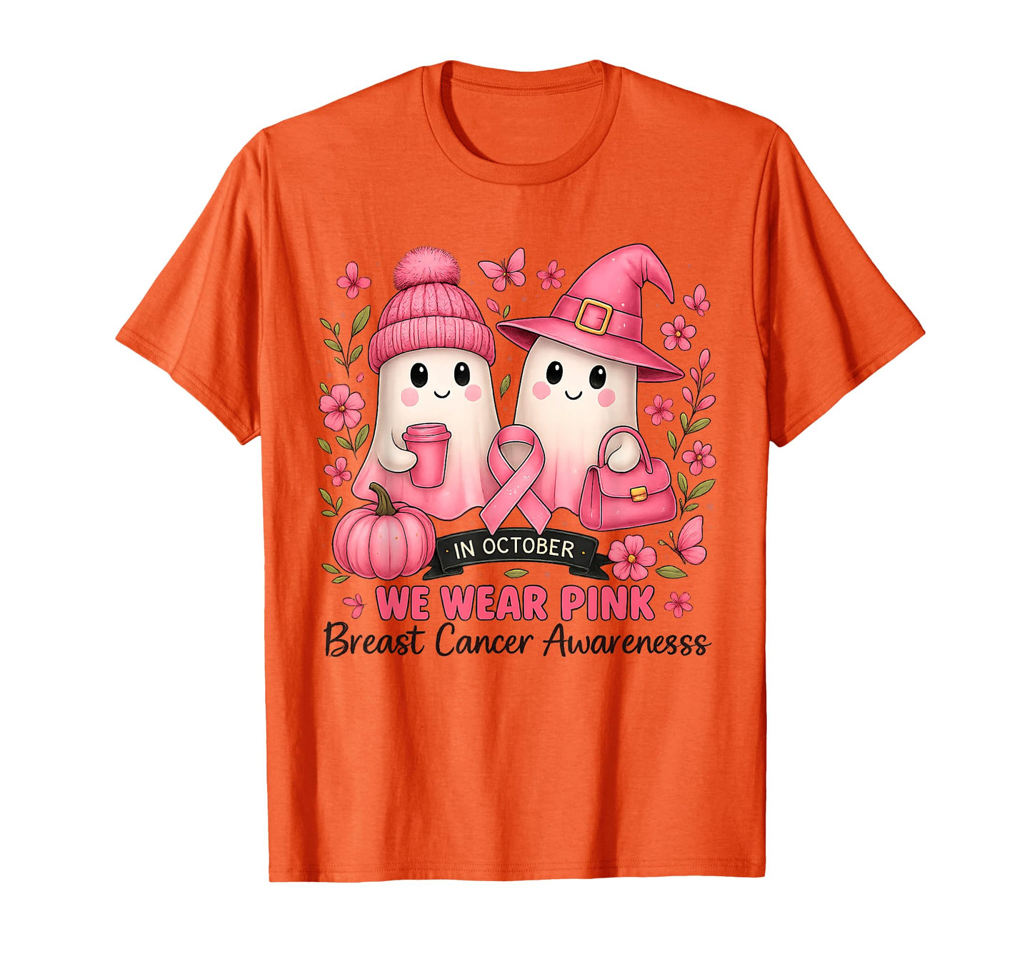 in October We Wear Pink Cute Ghost Breast Cancer Awareness T-Shirt