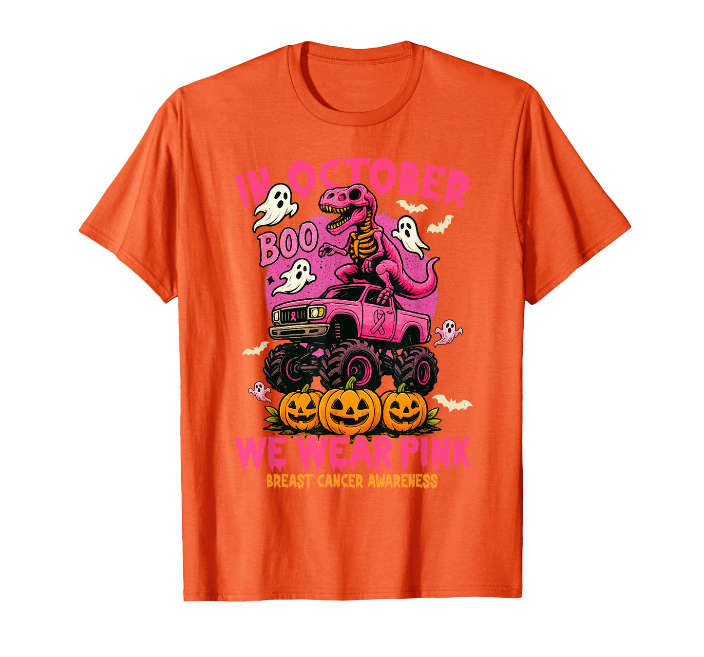 in October We Wear Pink Dinosaur T Rex Monster Truck Pumpkin T-Shirt