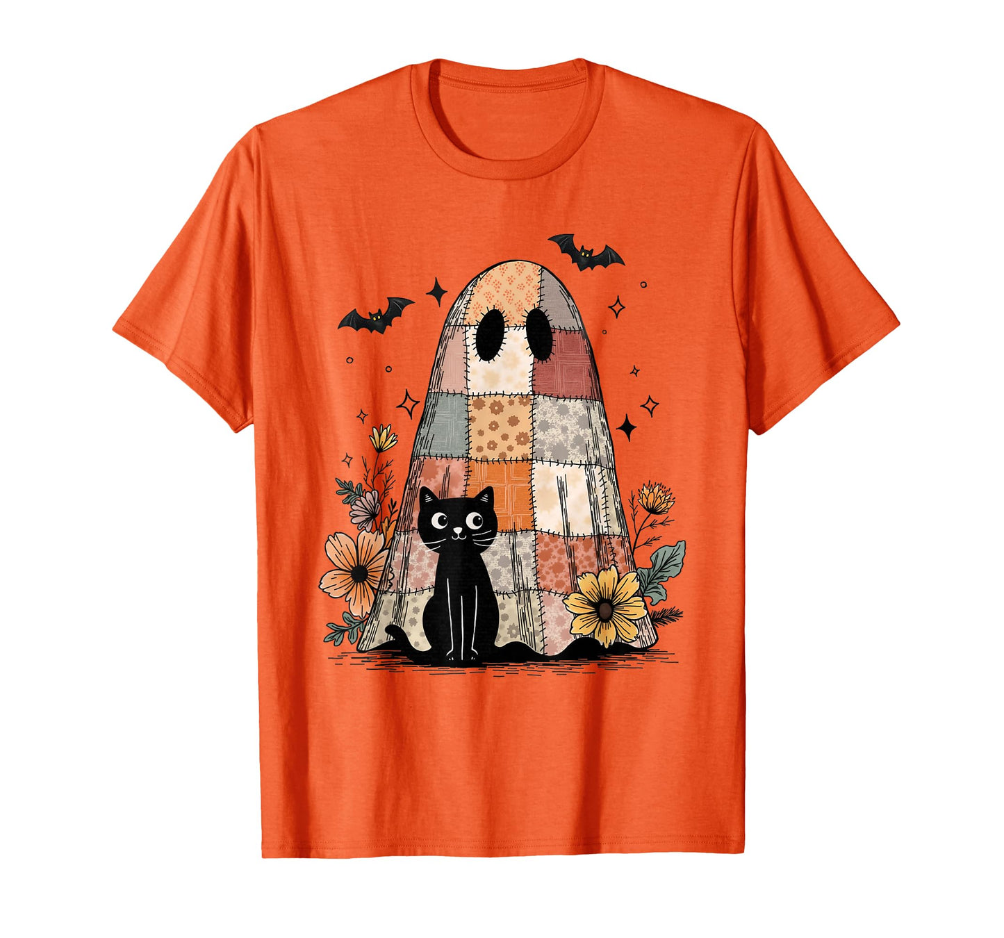Preppy Retro Floral Patchwork Ghost and Black Cat Halloween T-Shirt