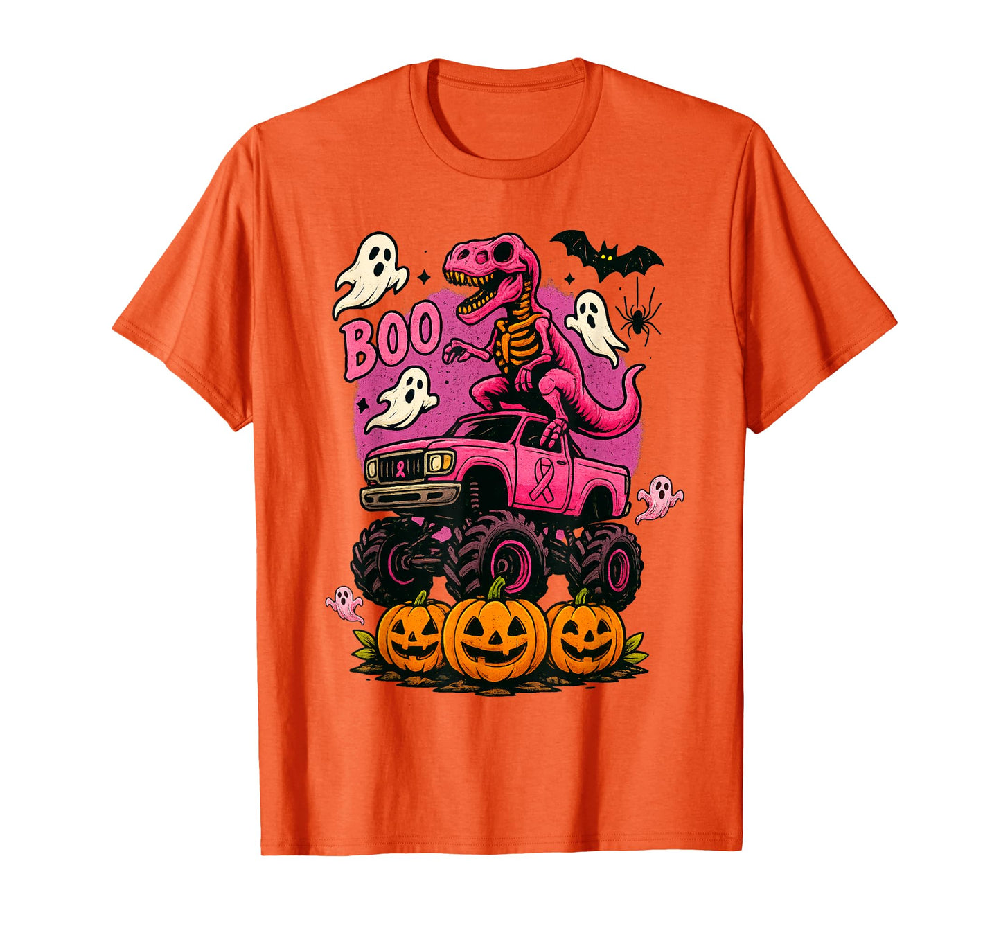 Skeleton T Rex Dinosaur Monster Truck Pumpkin Breast Cancer T-Shirt