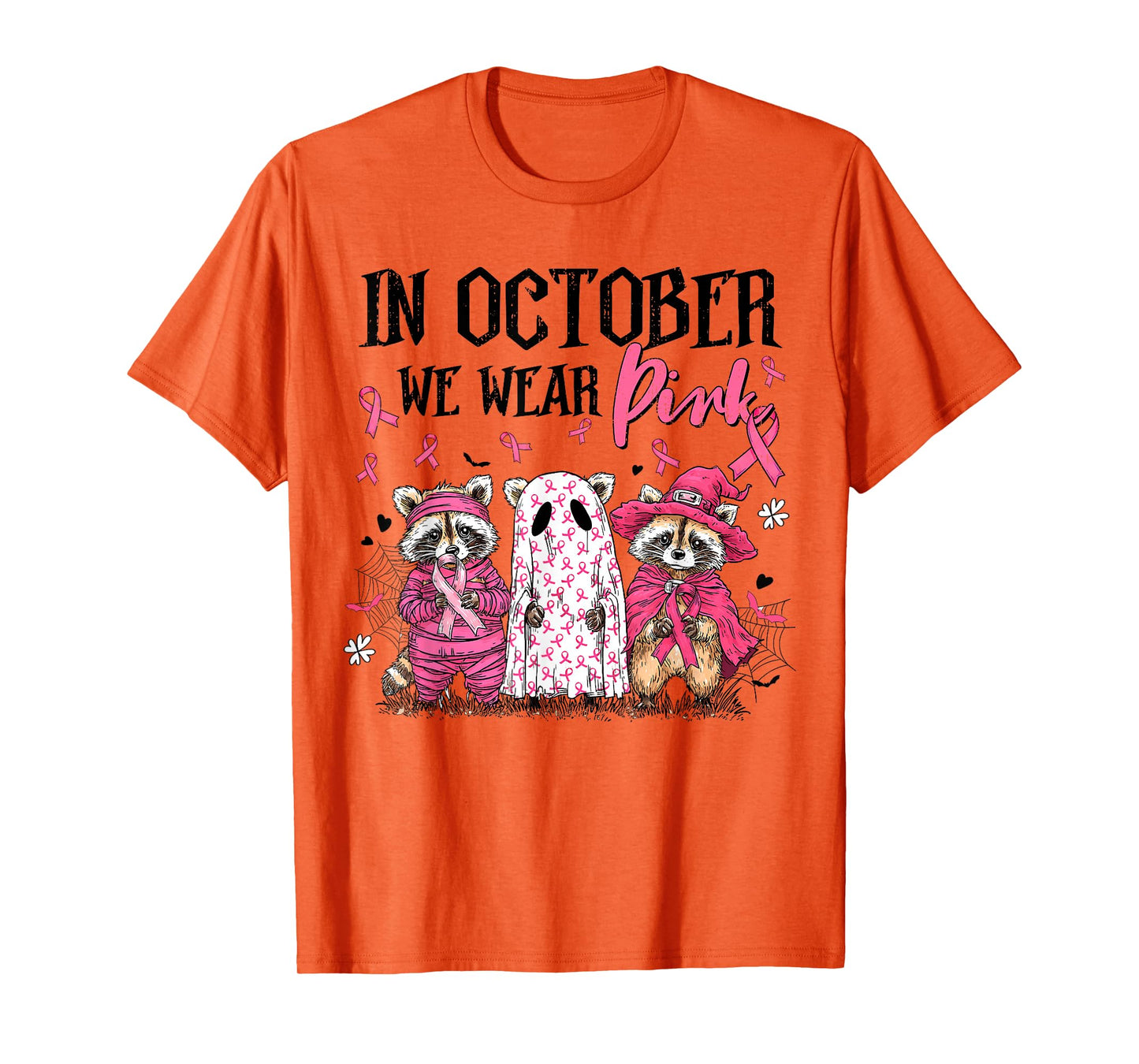 in October We Wear Pink Raccoon Boo Breast Cancer Awareness T-Shirt
