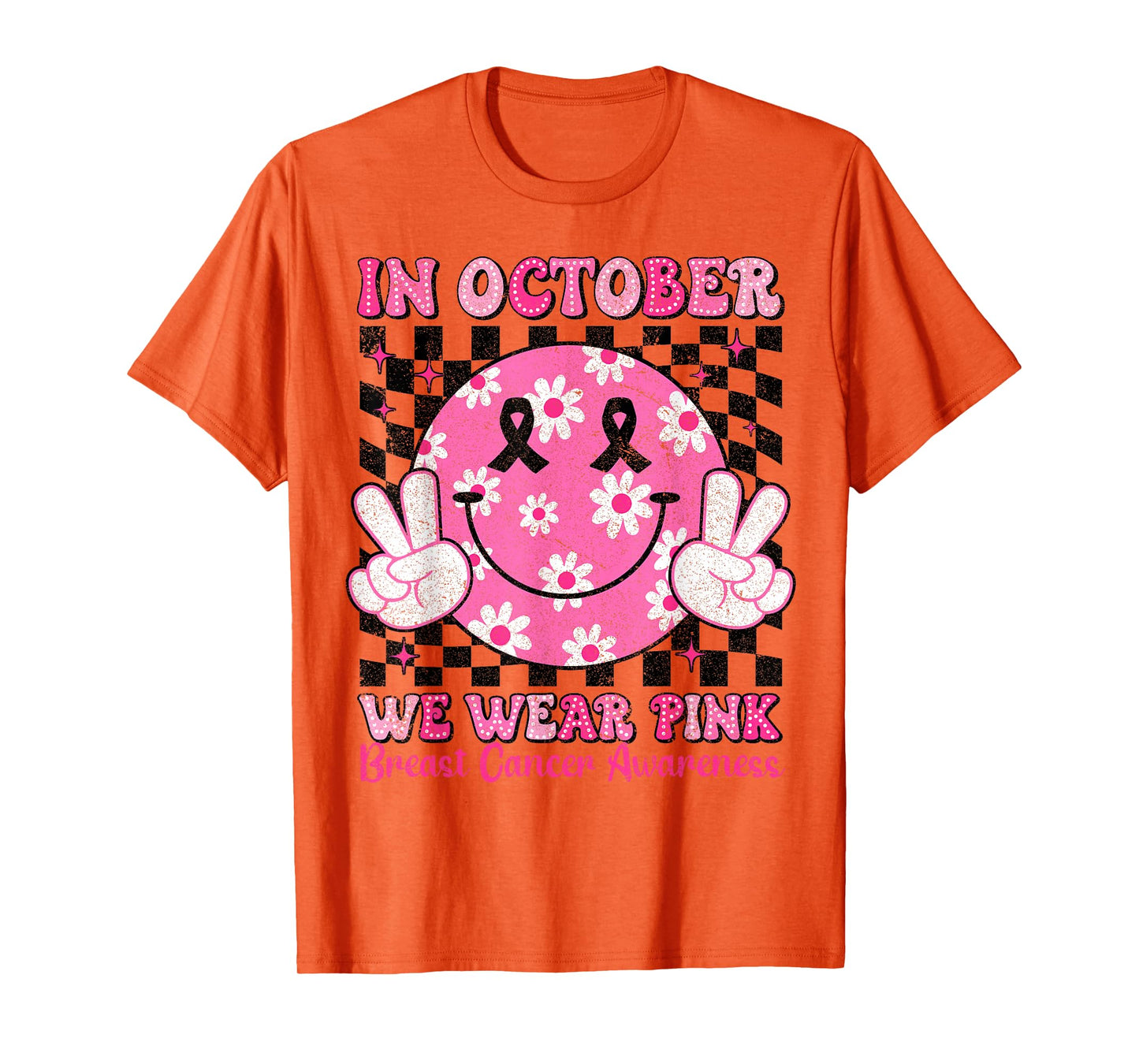 in October We Wear Pink Breast Cancer Awareness Checkered T-Shirt