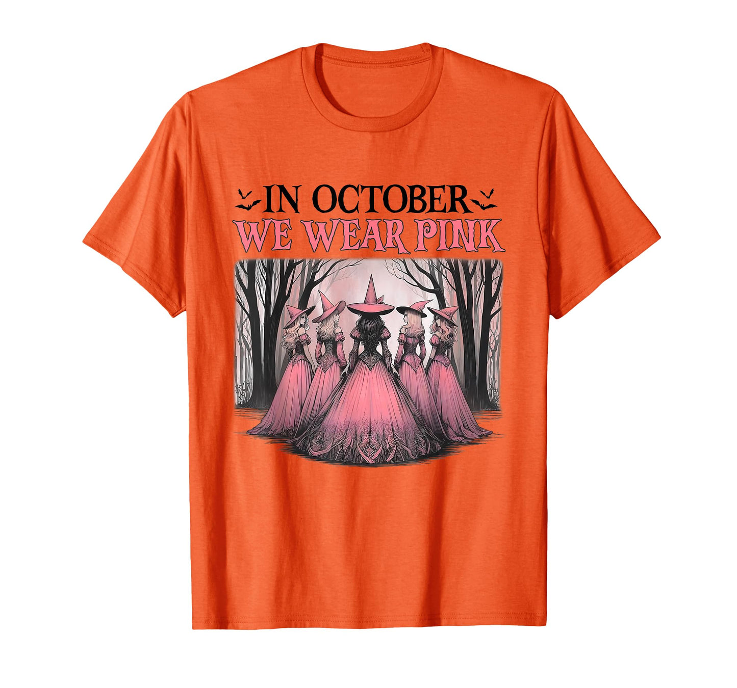 in October We Wear Pink Halloween Witch Witchy Breast Cancer T-Shirt