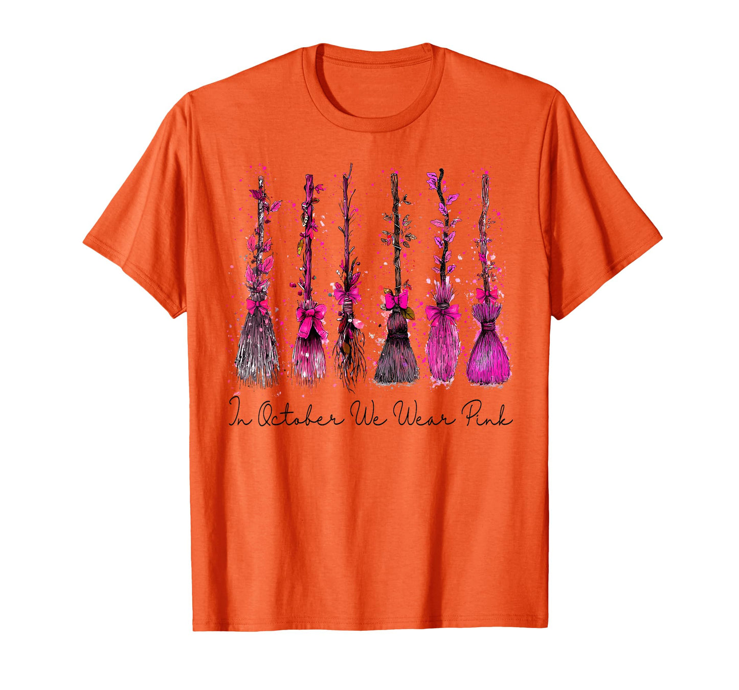 in October We Wear Pink Broom Witch Breast Cancer Halloween T-Shirt