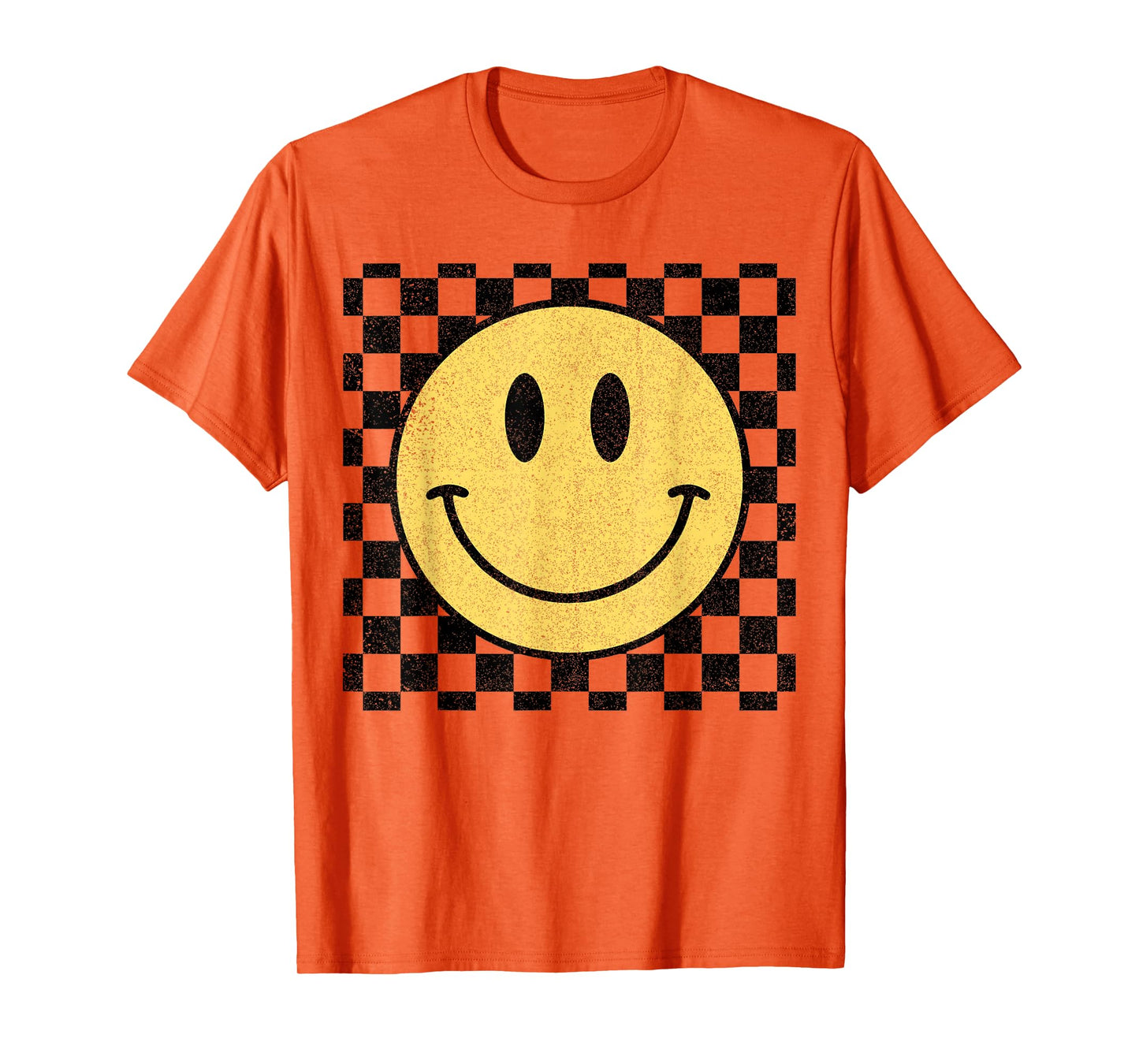 Retro Happy Face Distressed Checkered Pattern Smile Face T-Shirt