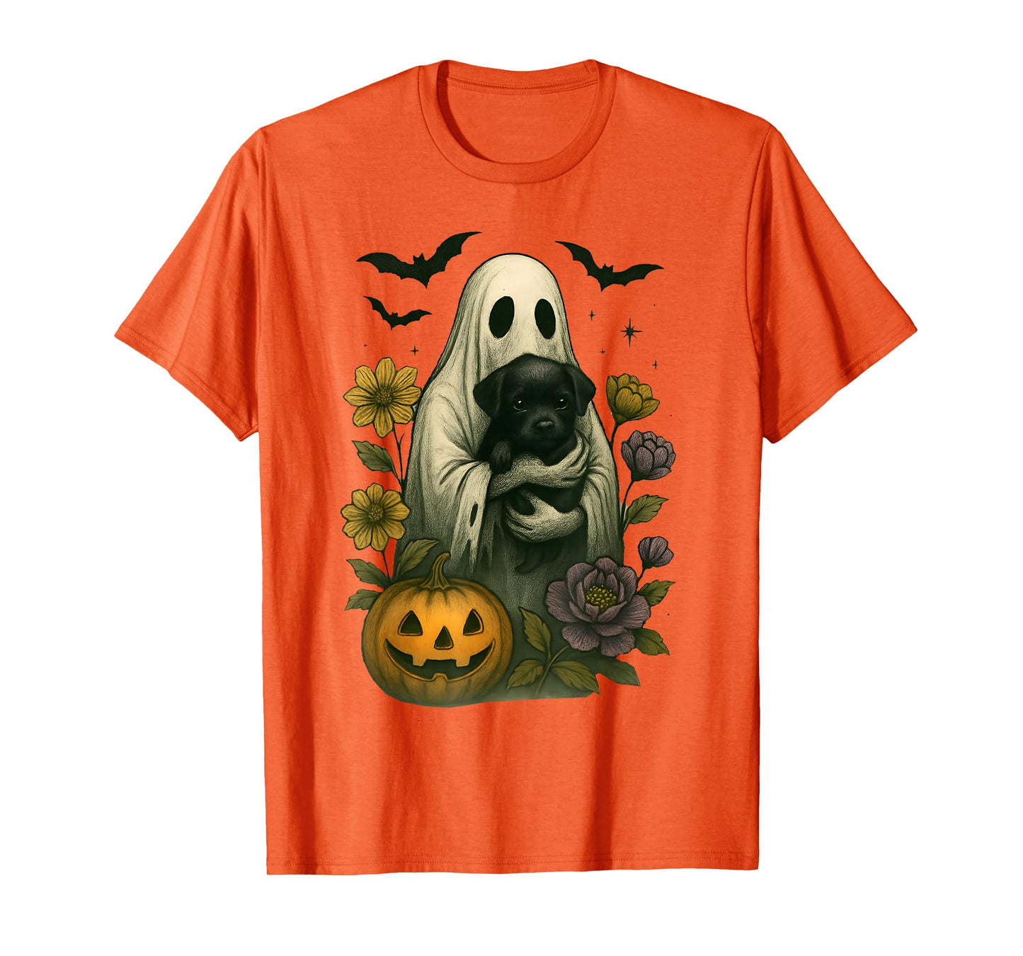 Floral Ghost Black Dog Coquette Funny Halloween Design T-Shirt