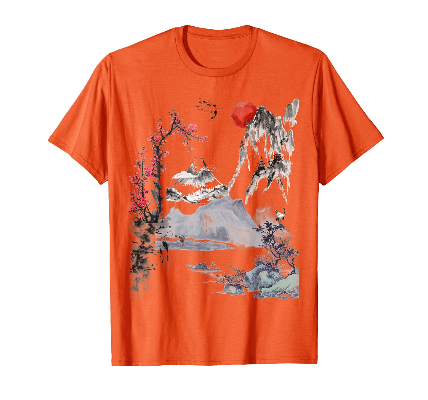 Japanese Art Tree Red Moon With Birds Flying in Background T-Shirt