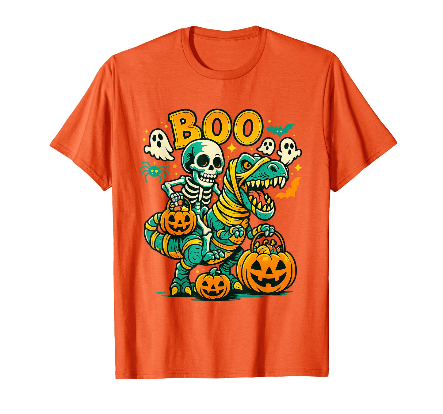 Skeleton Riding T Rex Dinosaur Boo Ghost Pumpkin Halloween T-Shirt