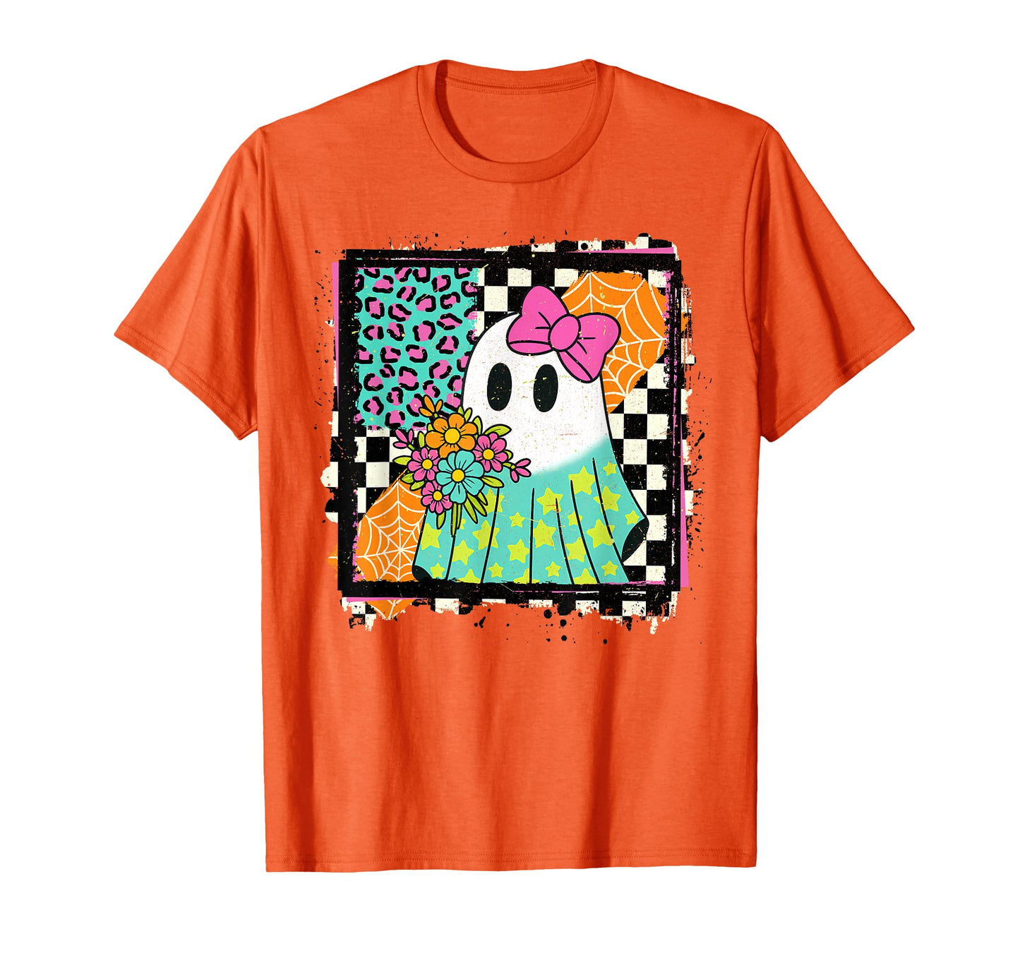 Halloween Leopard Checkered Fall Spooky Ghost Girly Girls T-Shirt