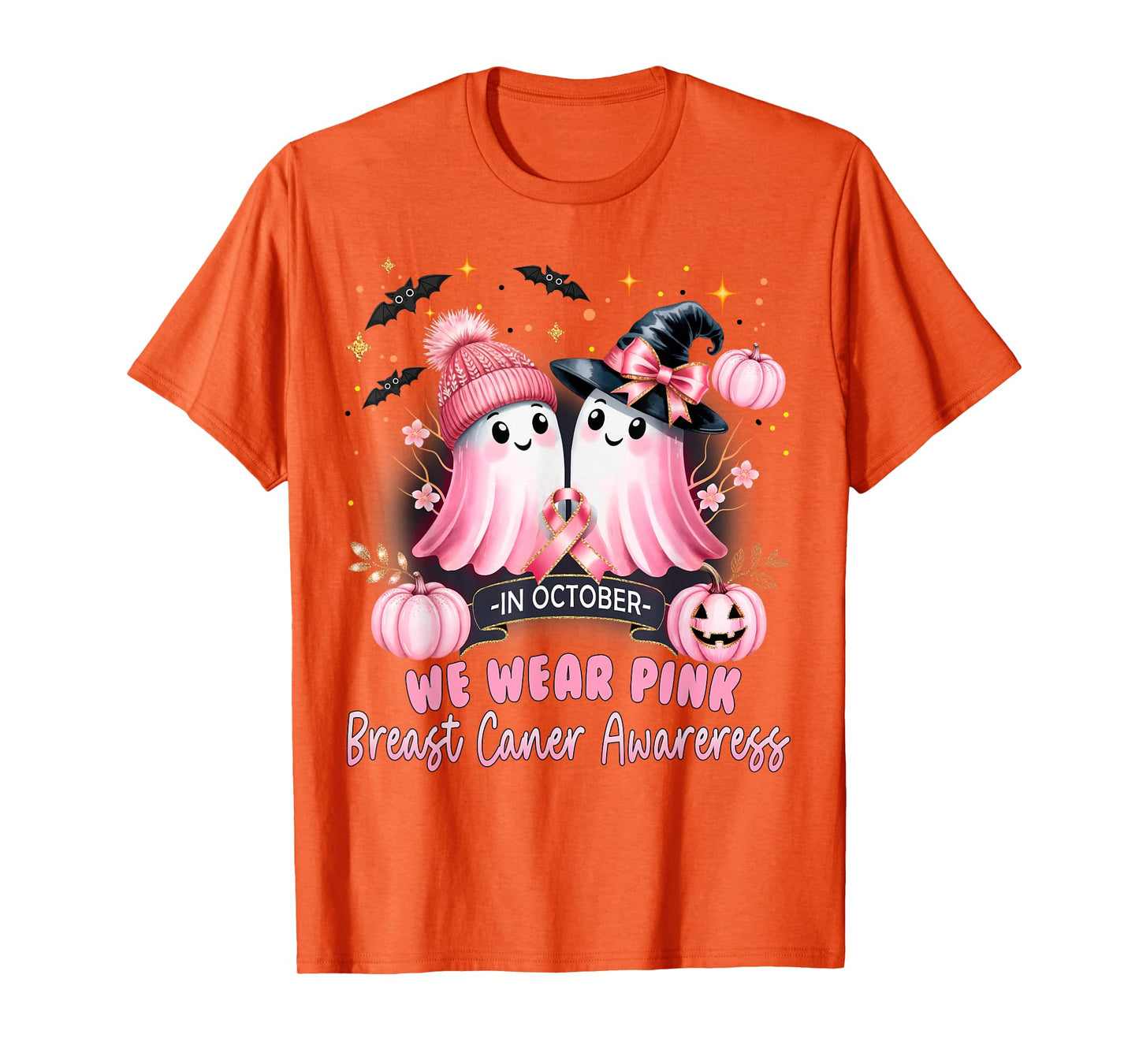 in October We Wear Pink Ghost Witch Breast Cancer Awareness T-Shirt